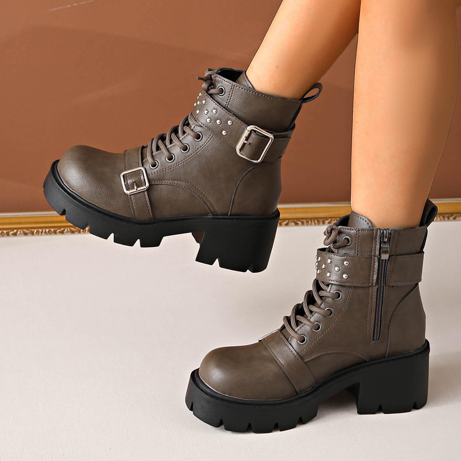 Genérico Botines Mujer Vestir Cordones Plataforma Botas Punta Redonda Elegantes Zapatos Cómodas Ligeros Caminar Bota Informales Antideslizantes Botin para Otoño Invierno Trabajo Paseo y Uso Diario