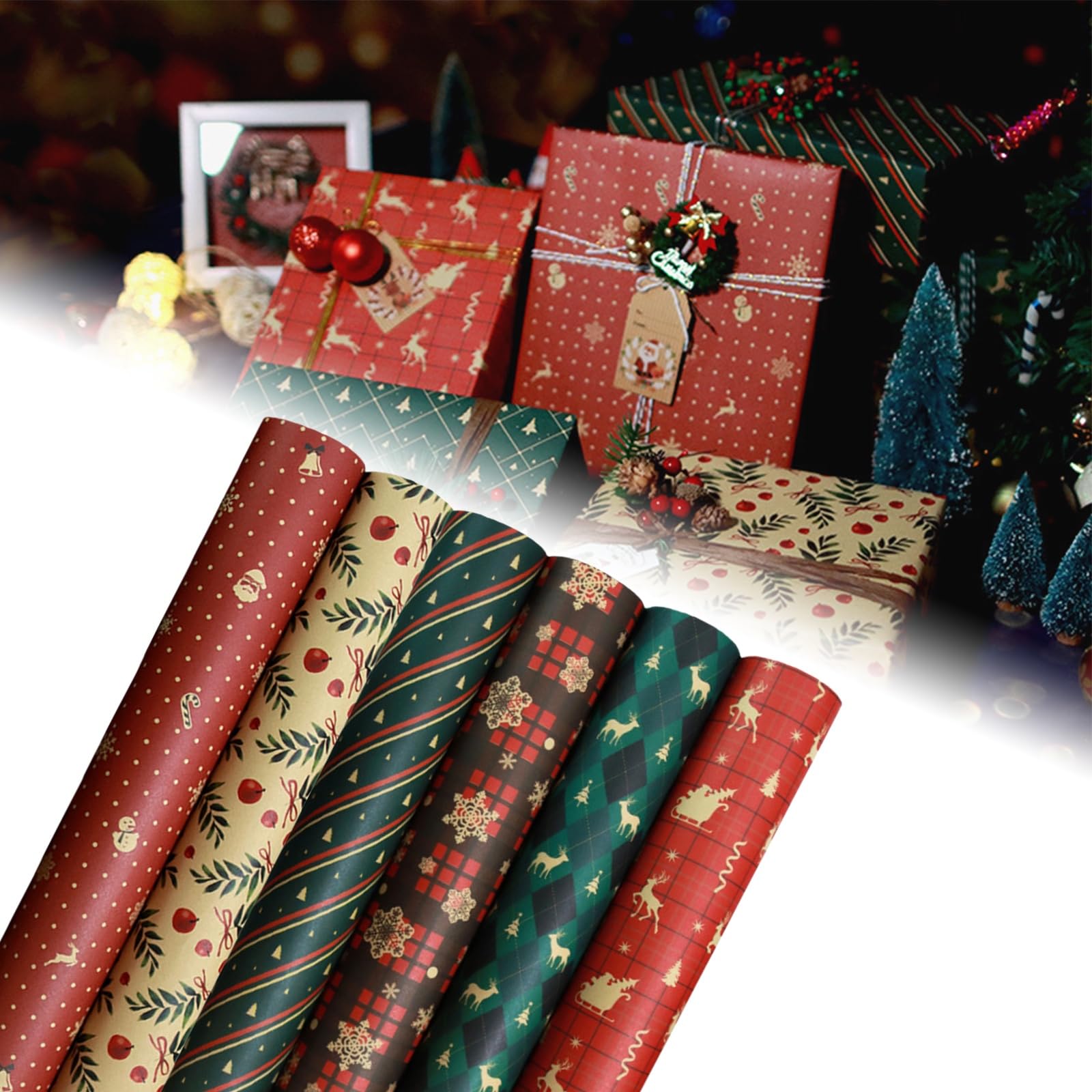 70 * 50cm Christmas Wrapping Paper for Gift,12P Festive Elk Pattern Kraft Gift Wrapping Paper Sheets,Recyclable Retro Red Snowman Xmas Wrapper Present Wrapping Paper for New Year Gift Decorations