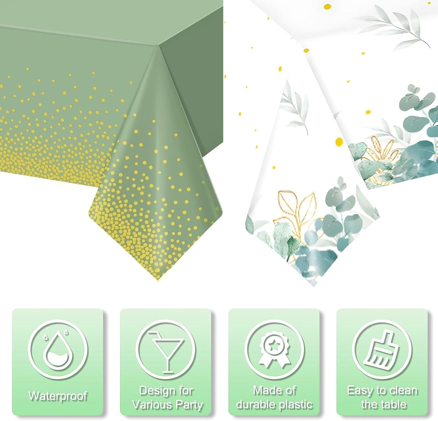 OQOQ Sage Green and Gold Party Table Cloth(2 Packs), 54x108 Inch Sage and Gold Dot Disposable Tablecloth Plastic Rectangle Table Cover for Baby Shower Birthday Wedding Party Decorations