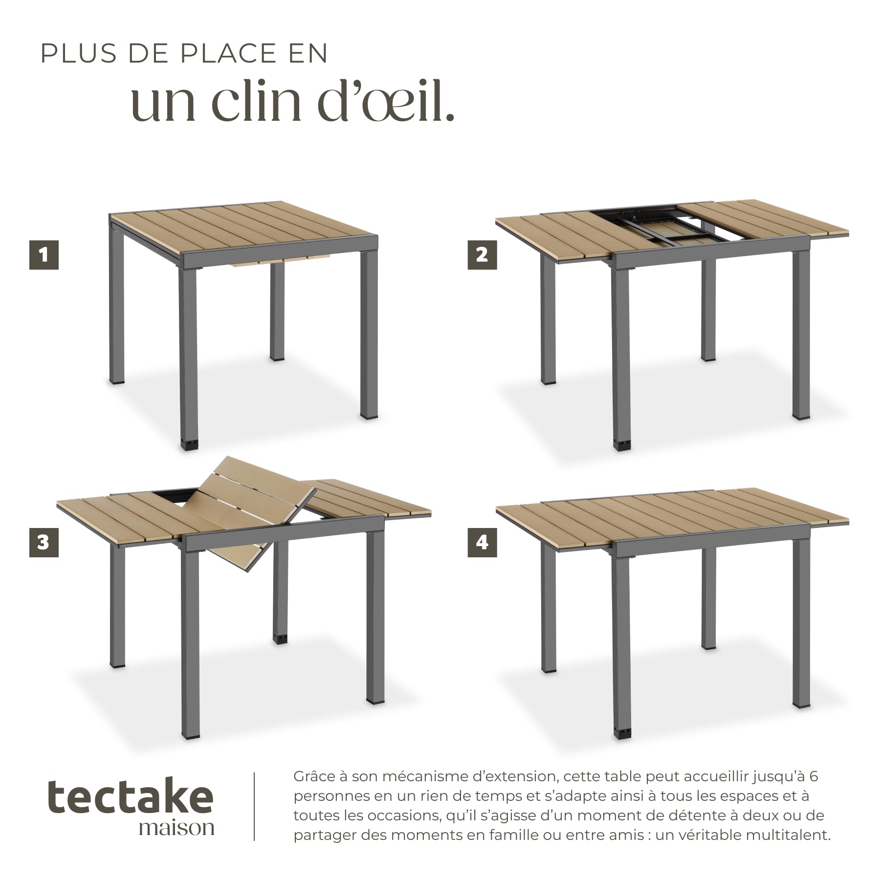 Tectake Table de Jardin Extensible Aluminium 80-120 x 80 x 74 cm 4-6 Personnes