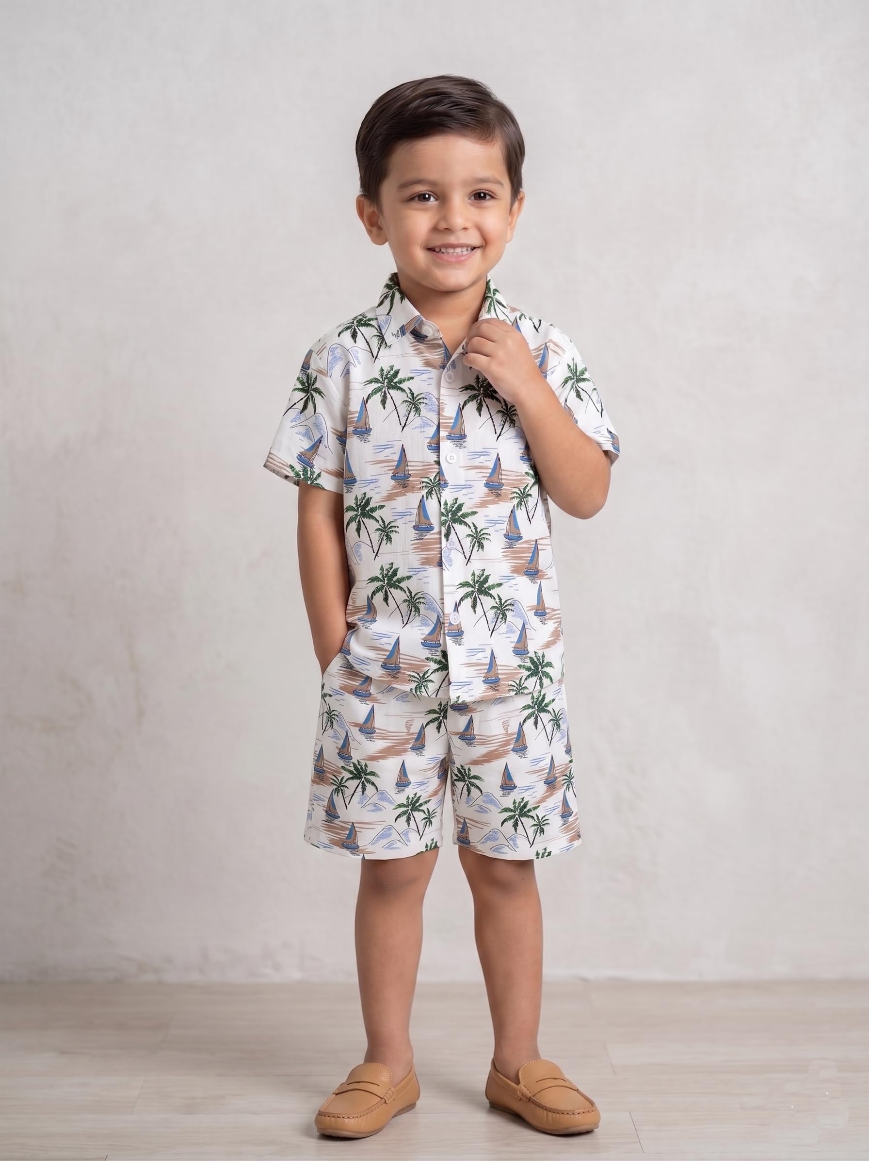 KEENUU Boys Printed Co-Ord Set | Half Sleeve Shirt & Shorts Combo Set for Kids | Stylish Casual Summer Wear Outfit for Boys (Green, 28A) 1