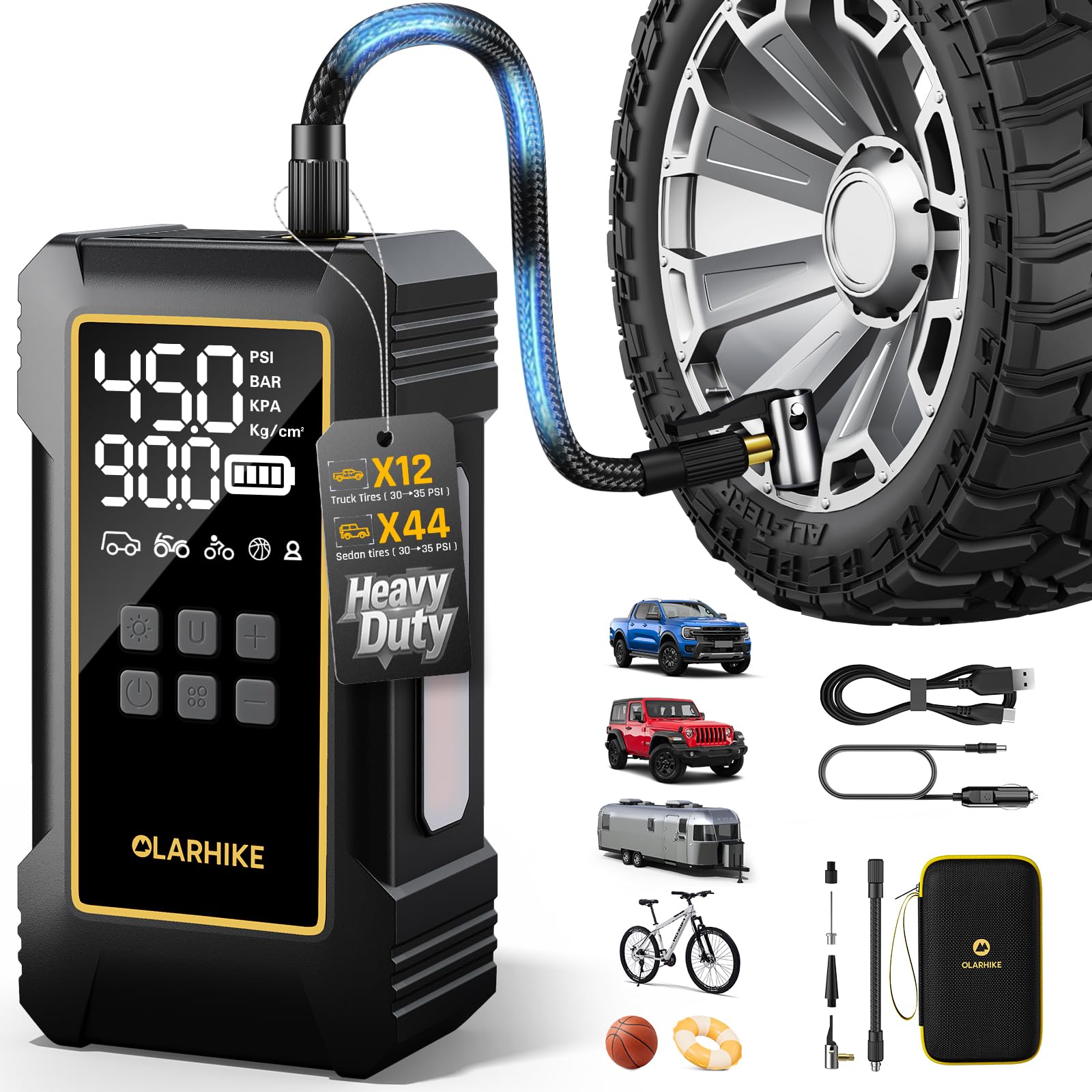Photo 1 of OlarHike Powerful 12000mAh Heavy Duty Tire Inflator Portable Air Compressor, 7X Faster, 150PSI Dual Power 12V&Cordless Air Pump for Car Tires, Pickup Trucks, Jeeps, SUVs & RVs. Digital Pressure Gauge