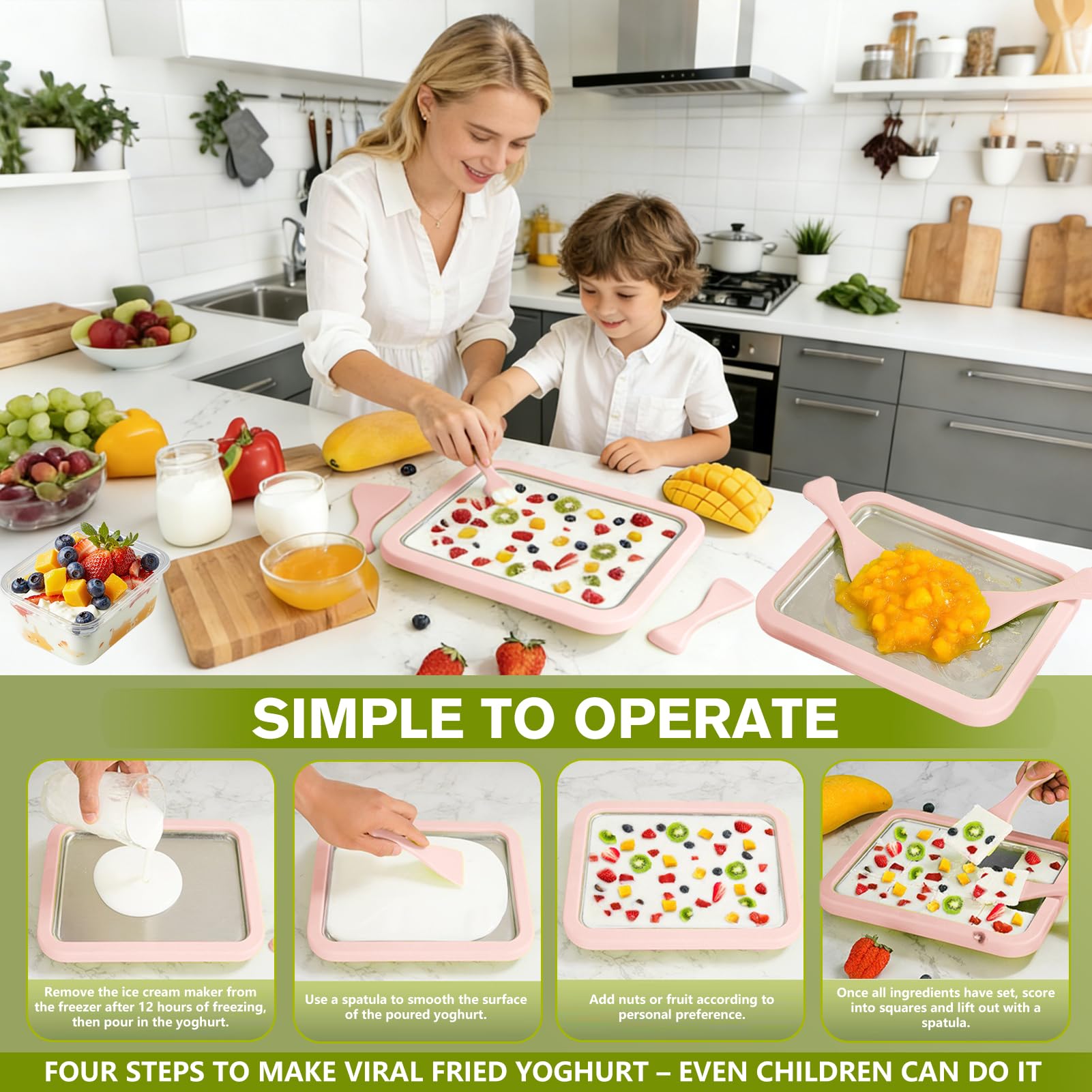 Heladera Instantánea Para Hacer Helado Con 2 Espátulas, Fabricante De Helado, Ice Cream Maker Para Adultos Y Niños, Hacer Crema Laminada Casera, Yogur Helado, Sorbete (Rosa,26 * 21CM)