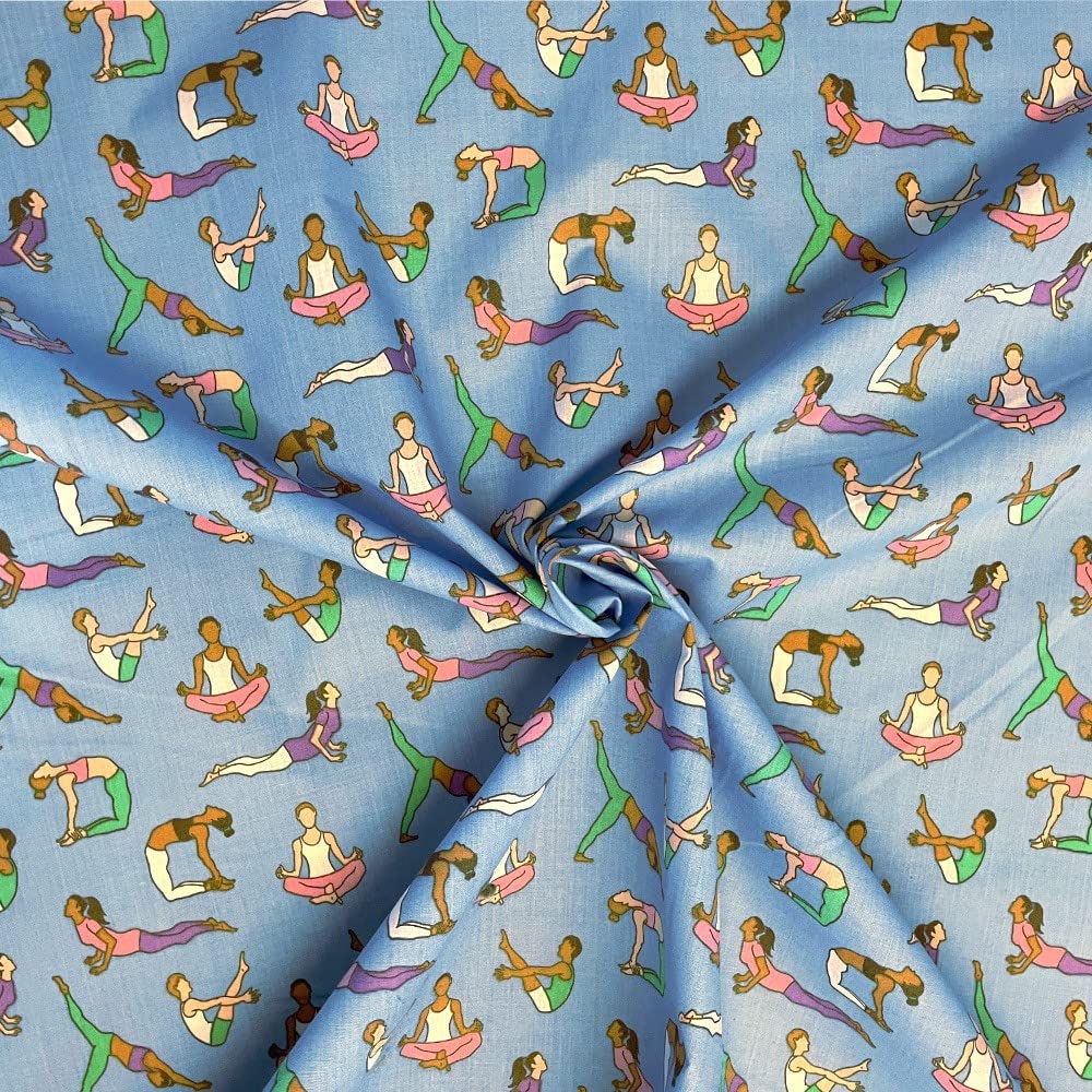 Polycotton Fabric Yoga Poses Sport Relaxation Stretches Relaxology - Per Metre (Sky Blue)