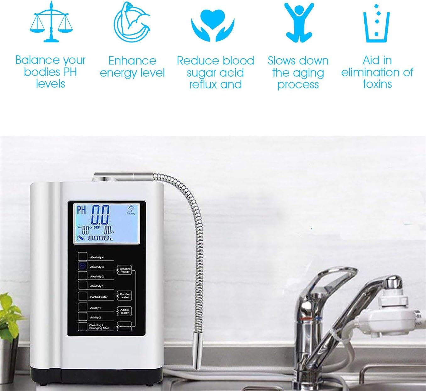 Alkaline Hydrogen-Rich Water Machine Alkaline Water Machine Smart Electrolyzed Ionized Water Machine PH 3.5-10.5 with LCD Touch Screen,Silver