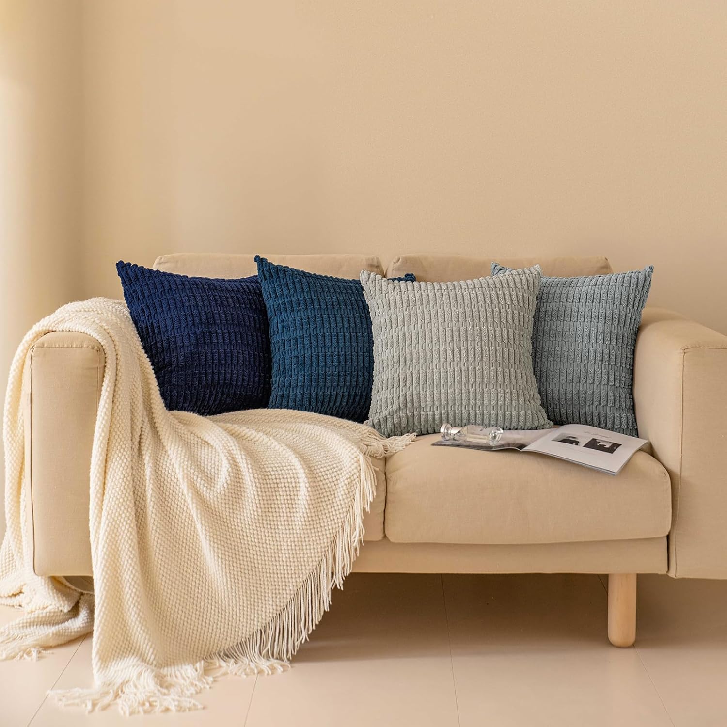 Softalker Throw Pillow Covers 20x20 Inch, Set of 4, Corduroy Soft Striped Farmhouse Boho Pillow Cover, Modern Decorative Cushion Pillow Case for Couch Sofa Bedroom Living Room(Grey/Blue)