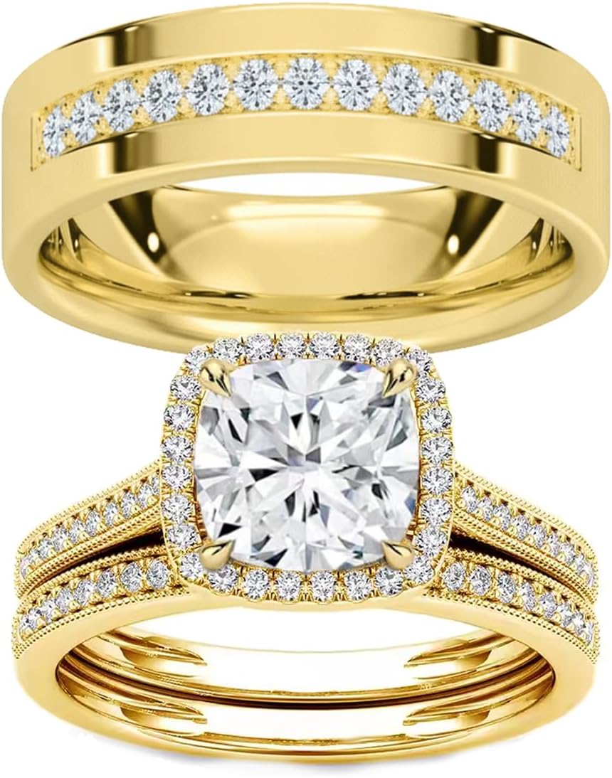 Couple Ring Set for Him and Her 1-3 Carat Moissanite/Diamond Matching Wedding Bands Ring Couple Engagement Rings Set 925 Silver 10K 14K 18K Gold Bridal Rings Sets for Men and Women Free Engraving 3pcs