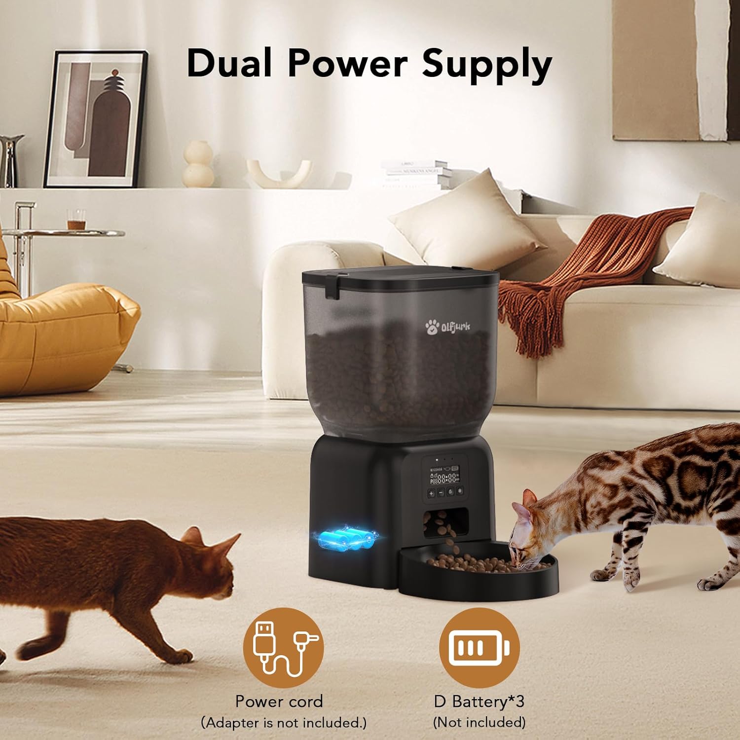 Olfjurk Automatic Pet Feeder showing customized feeding schedule options