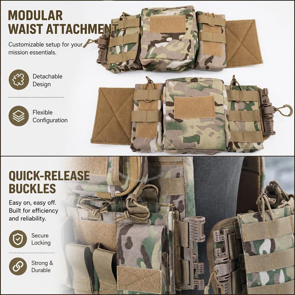Gilet Molle Regolabile in Nylon 1000D,Gilet Utility Sgancio Rapido Tasche Multiple Leggero Traspirante per Airsoft Paintball Escursionismo Cosplay attività Outdoor Training