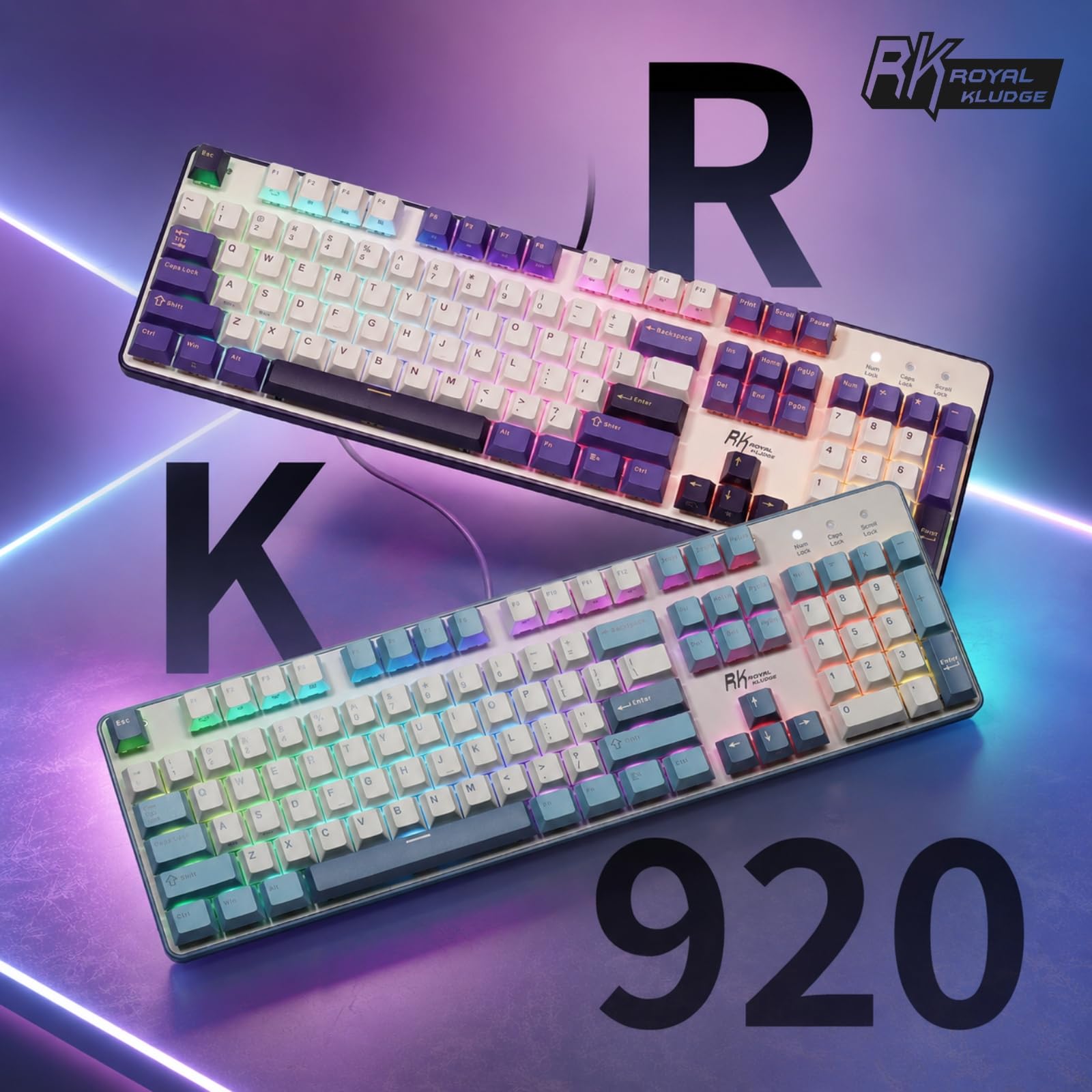 RK ROYAL KLUDGE RK920 przewodowa klawiatura mechaniczna, pełnowymiarowa, 104-klawiszowa, podświetleniem RGB numerycznym, możliwością wymiany podczas pracy, klawisze nakładkami PBT, Win/Mac, QWERTY