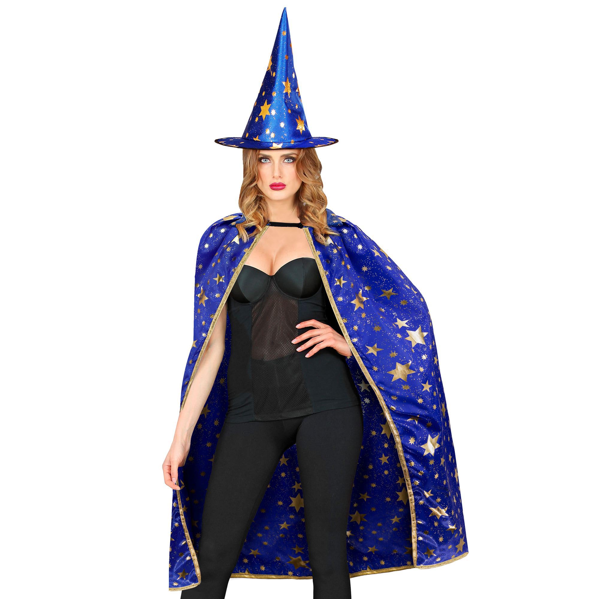 Widmann - Wizard Costume for Adults Cape (85 cm) with Hat, Magician, Witch, Blue - Image 3