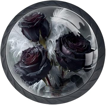 4 Pcs 1.37" Round Cabinet Knobs Feathers and Roses Kitchen Cupboard Knob Black Drawer Hardware Pulls Dresser Handle with Screws Furniture Decoration