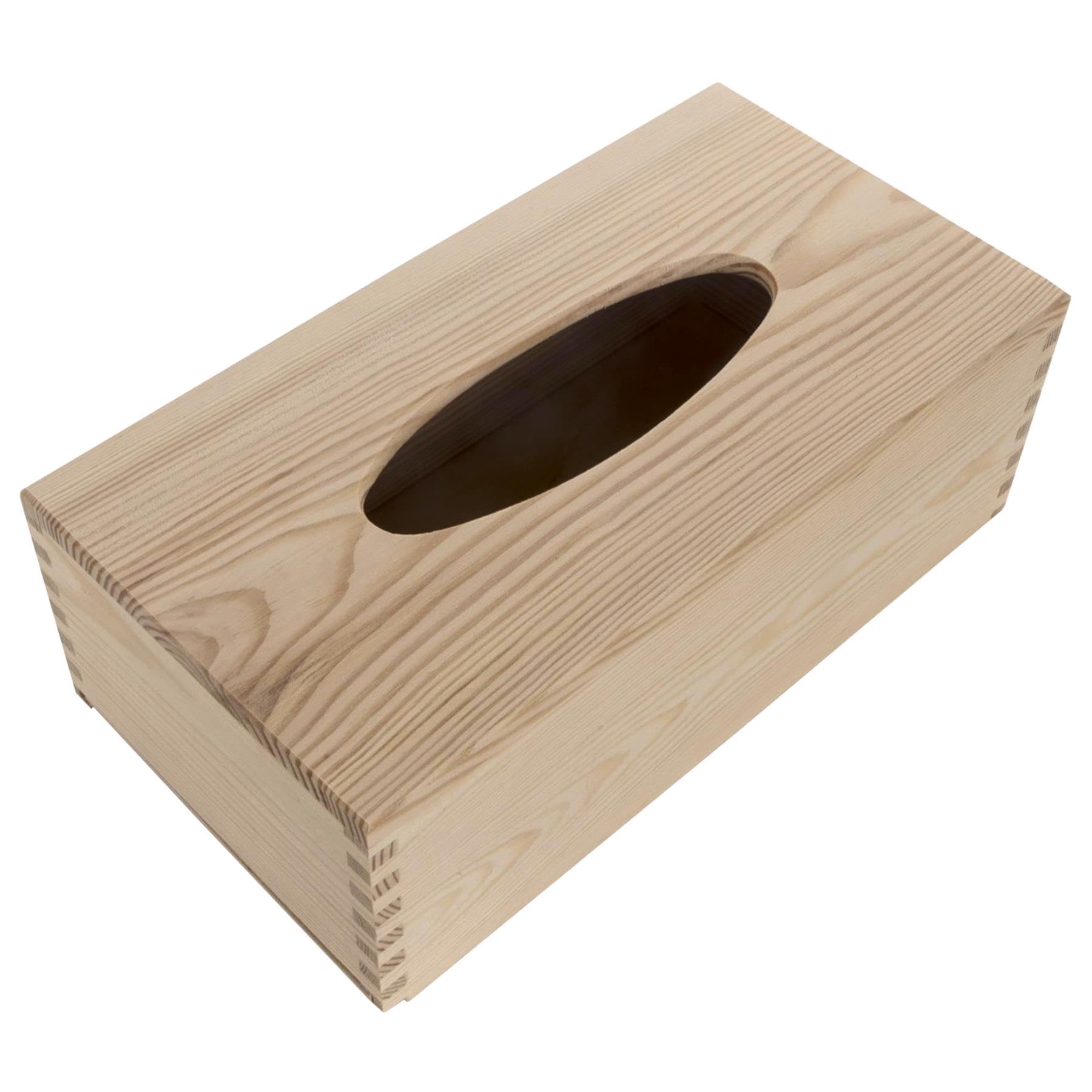 WooDeeDoo Rectangular Wooden Tissue Box Holder with Sliding Base and Elliptical Top Unfinished Pine Tissue Dispenser for Loose Tissues Bathroom Office Refill-Style Container 25 x 13 x 9 cm