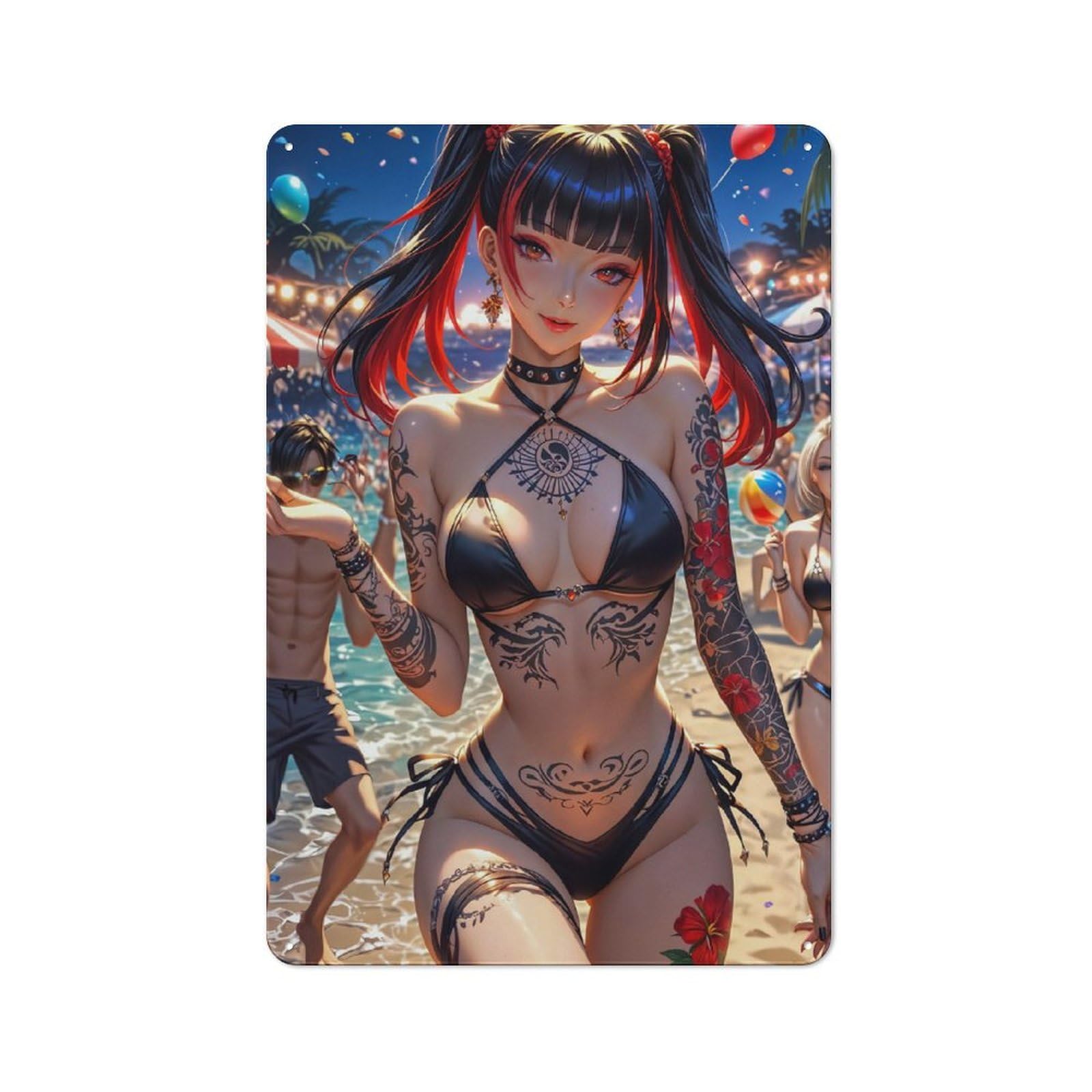 Understated Office Metal Sign 30x20cm Featuring Tattooed Beach Anime Girl, Studio Wall Plaque for Office, Study, Studio Or Hallway