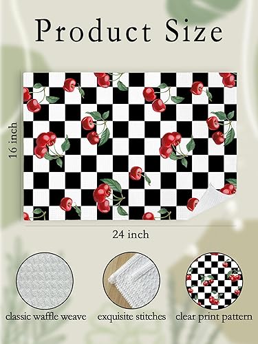 Miniatura 2 de Toallas de mano de cereza para cocina y baño  Toallas de té decorativas retro a cuadros en blanco y negro, accesorios de decoración de cocina de