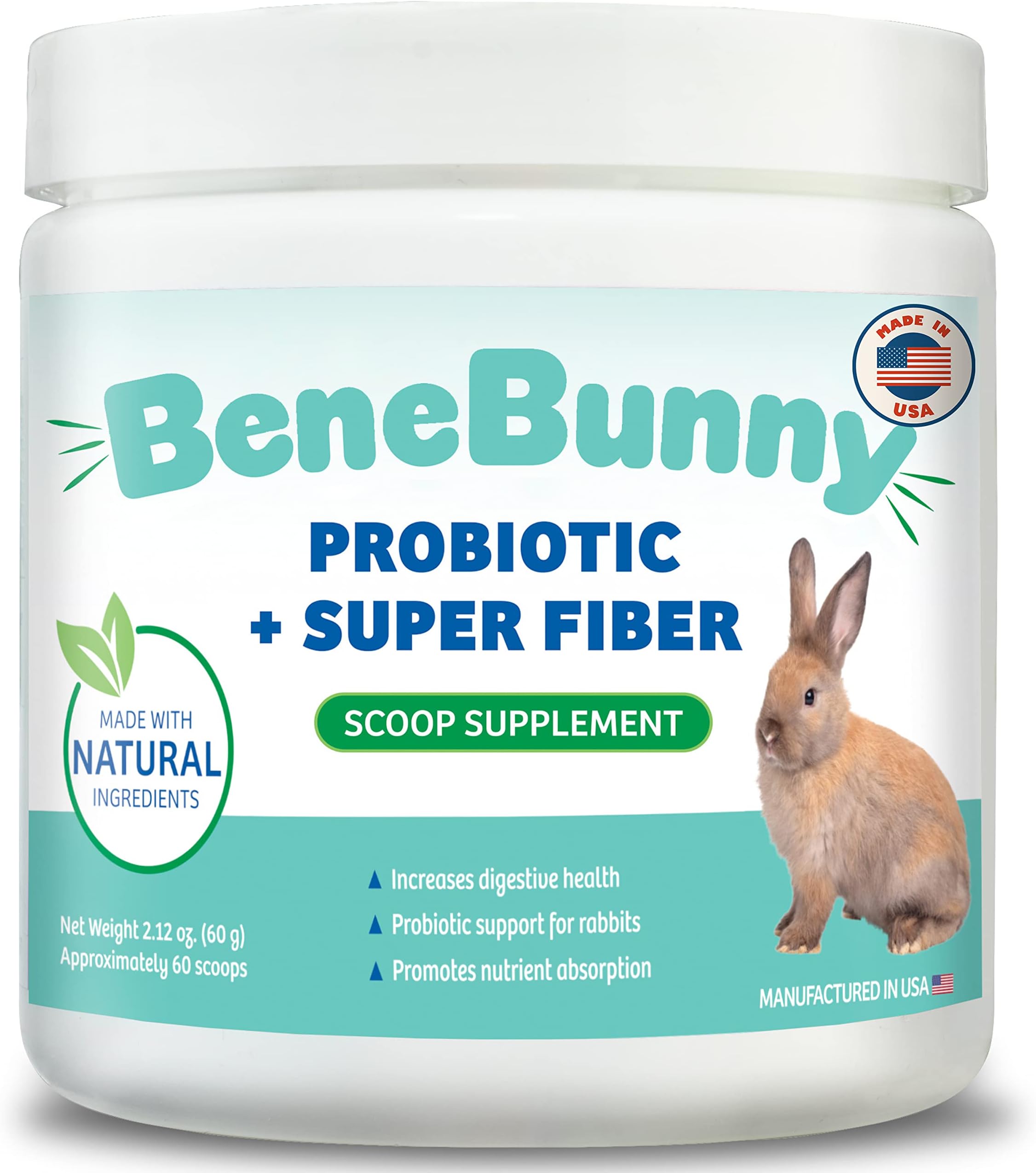 BeneBunny Rabbit Probiotic & Fiber Scoop Supplement - 100% Natural Igredients Help Your Bunnies Digestive Health & Promote Nutrient Absorption - Vitamins Maintain Rabbits Wellness - Made in USA