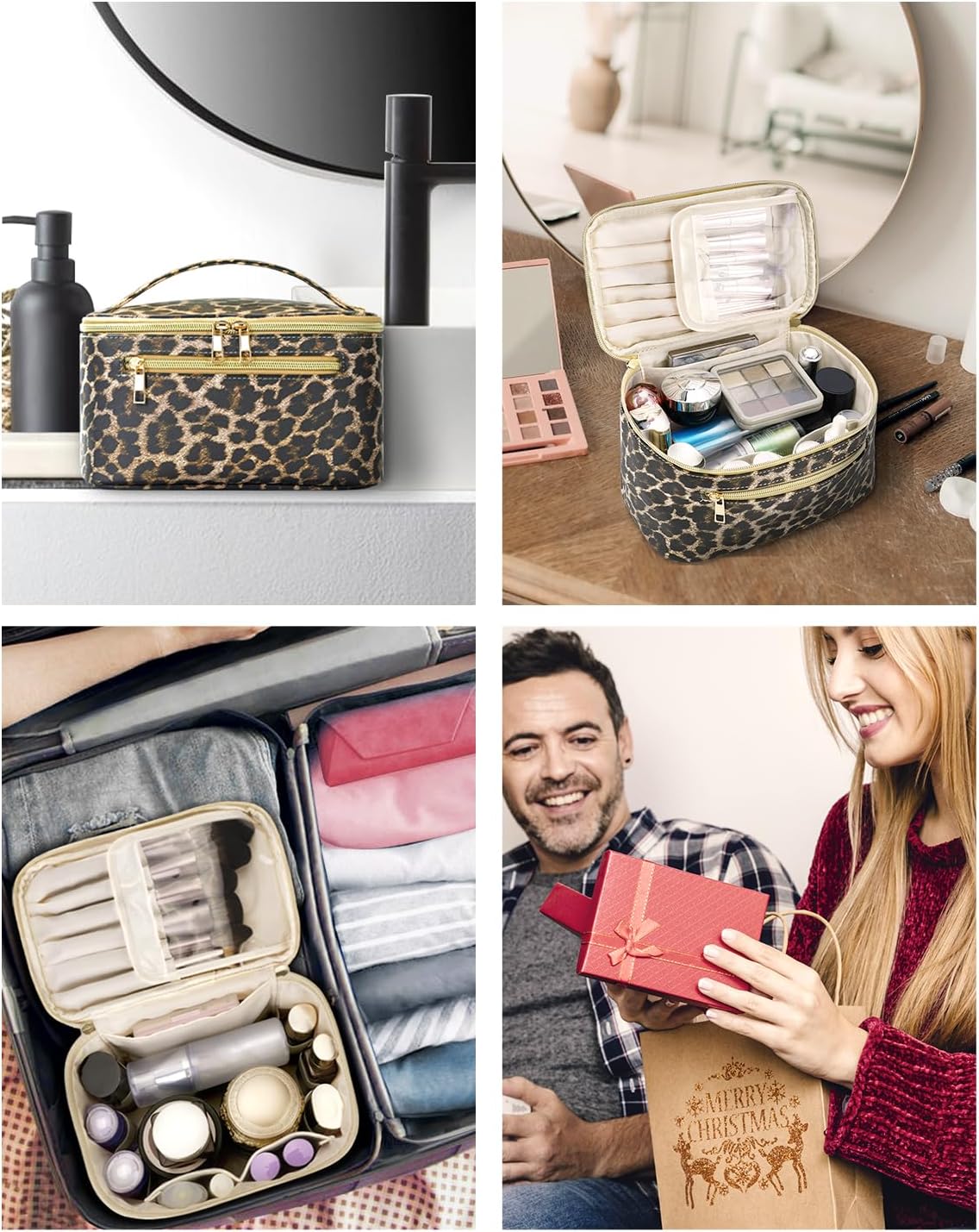 Wandering Nature Makeup Bag, Travel Make Up Organizer Cosmetic Brush Bags Case for Women in Eco Vegan Leather, Green & Leopard Print(Patent Pending)