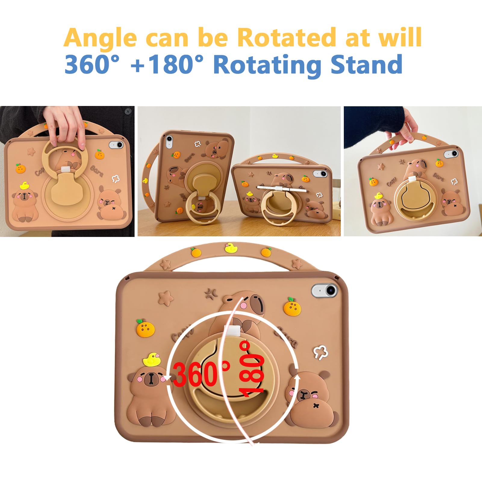 Custodia Bambini Compatibile con iPad (A16) 11a/10a Generazione (2025/2022), Antiurto Silicone Capybara Cover con Portapenna, Supporto per Maniglia, Tracolla