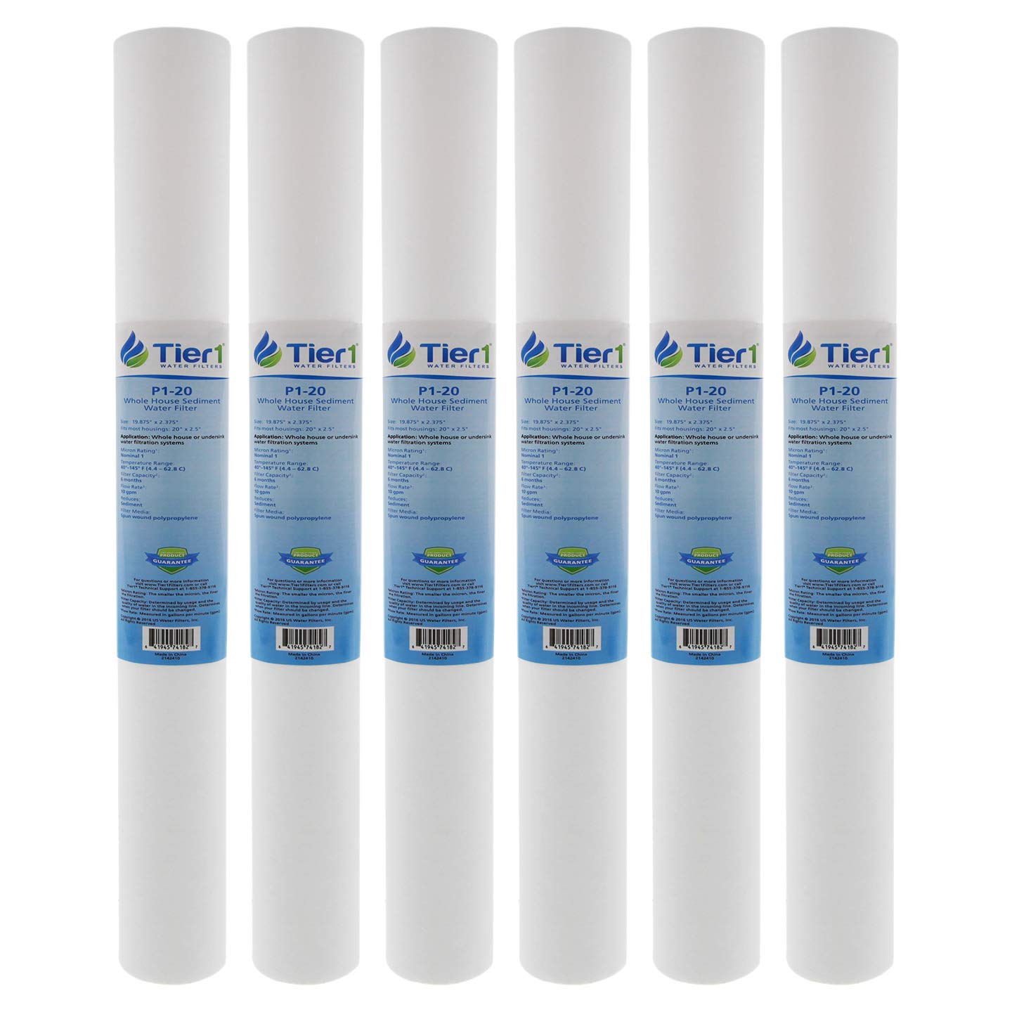 Tier1 1 Micron 20 x 2.5 Whole House Water Filter | Spun Wound Polypropylene Sediment Depth Filtration | Replacement for Pentek P1-20, SP-P1-20, PX01-20 | 2.5 x 20 Water Filter Cartridge (6 Pack)