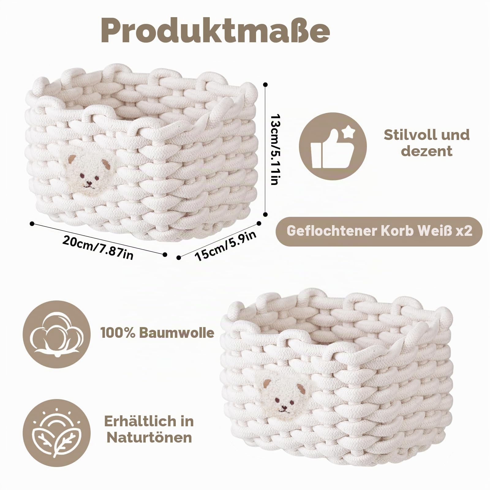 2 Stück Aufbewahrungskorb Geflochten Baumwolle Strickkorb, 20x15x13 cm Aufbewahrungskorb Klein, Häkelkorb Badezimmer Organizer, Burr Basket für Kinderzimmer, Bad, Schränke (Weiß)