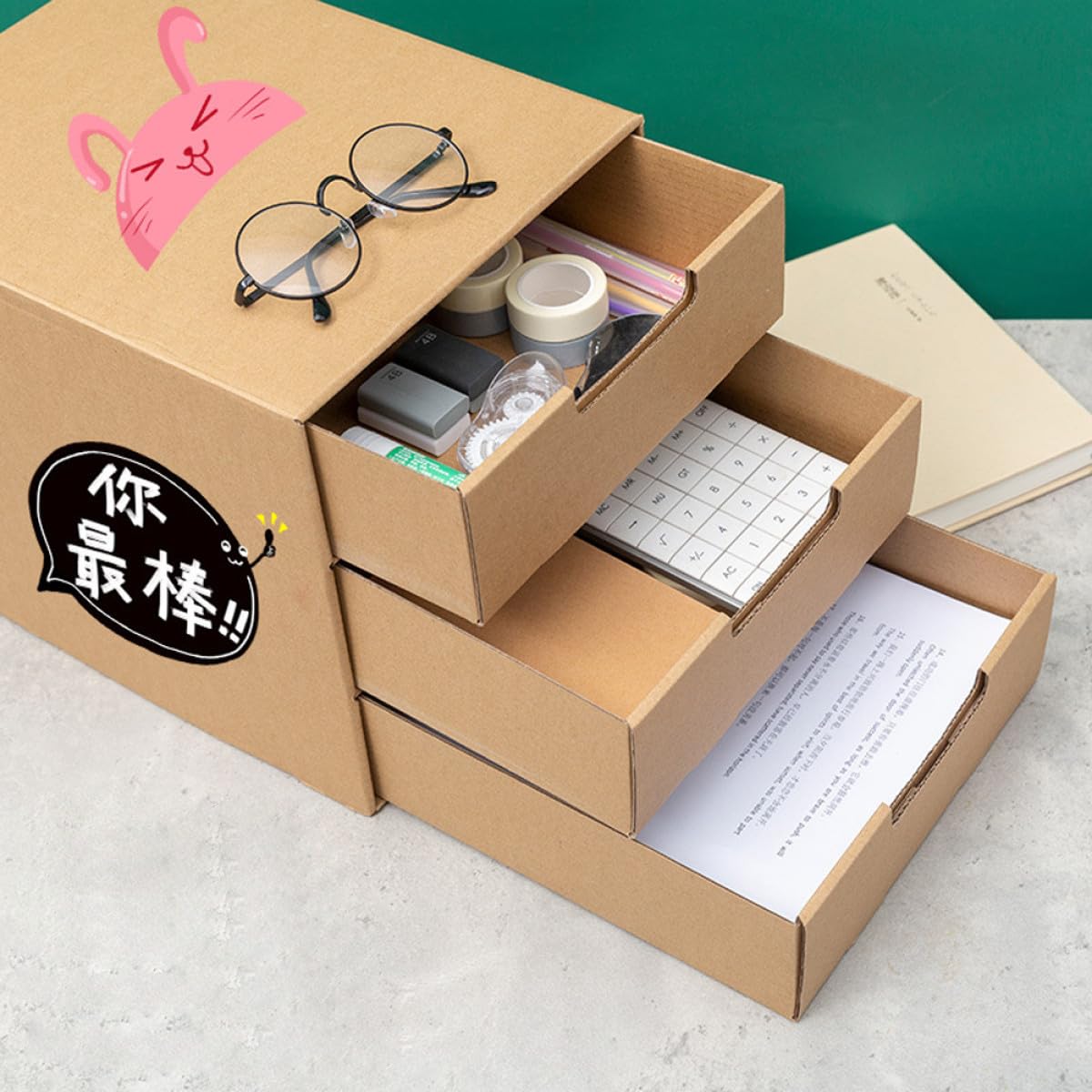 Organisateur de Tiroir de Bureau en Carton Rigide, Boîte de Rangement Papier 3 Tiroirs, Multifonction pour Dossiers et Cosmétiques, Format Compact pour Bureau Ordonné