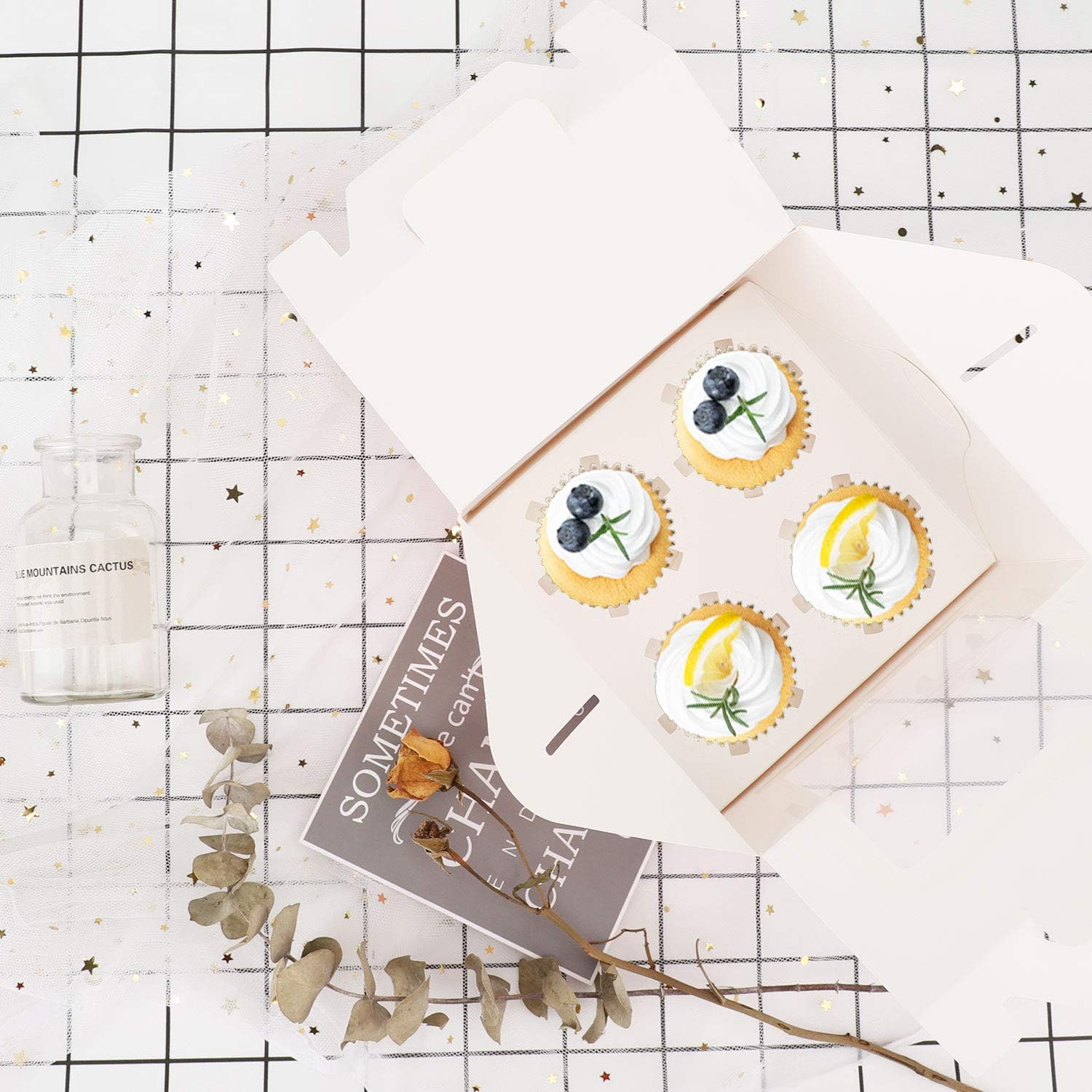 EUSOAR Cupcake Treats Gift Boxes, 5.9" x 5.9" x 4.3" 50Pcs Cupcake Carrier Boxes with insert and Display Window, Bakery Wrapping Party Favor Pastry Packing Take-Out Muffin Carry Boxes Container