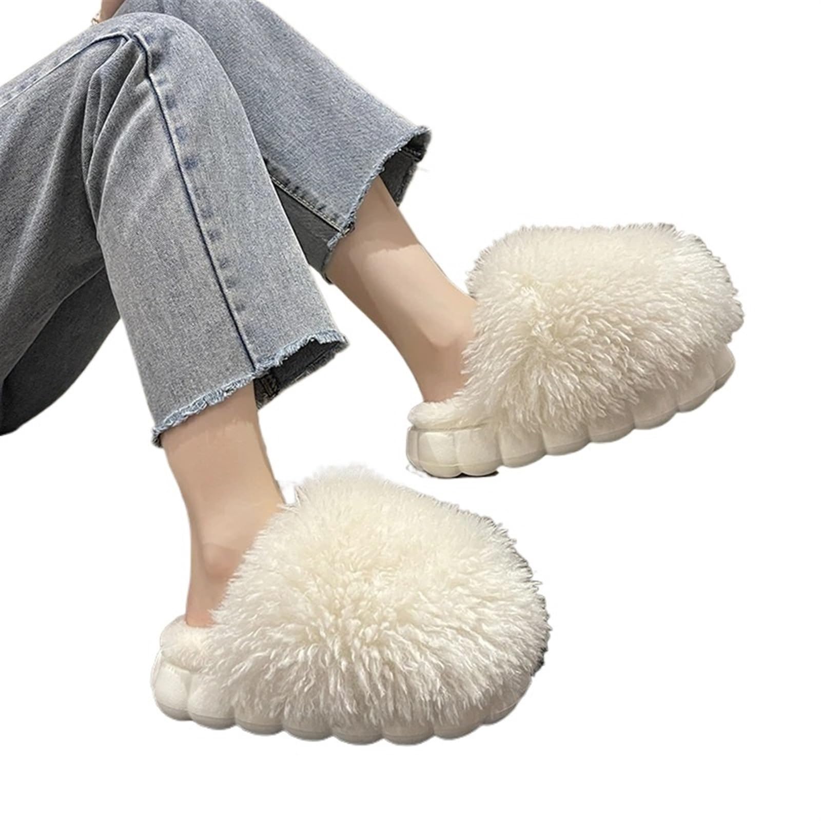 Inverno Pantofole Donna Pantofole invernali in pelliccia da donna calde lati morbidi for interni brevi peluche EVA scarpe in cotone for la casa scarpe casual pantofole con zeppa femminile(White,40 and