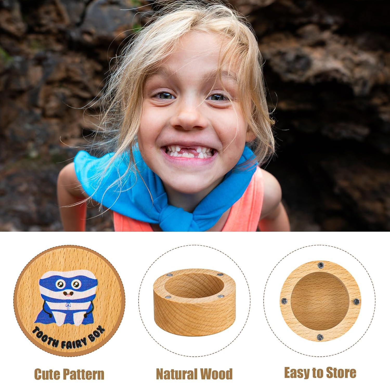 XIHIRCD Magnetic Tooth Fairy Box for Boys Girls, Wooden Tooth Keepsake Box for Lost Teeth Cute Tooth Holder Baby First Tooth Storage Box Birthday Souvenir Gift (Blue 2), as shown in the picture image 4