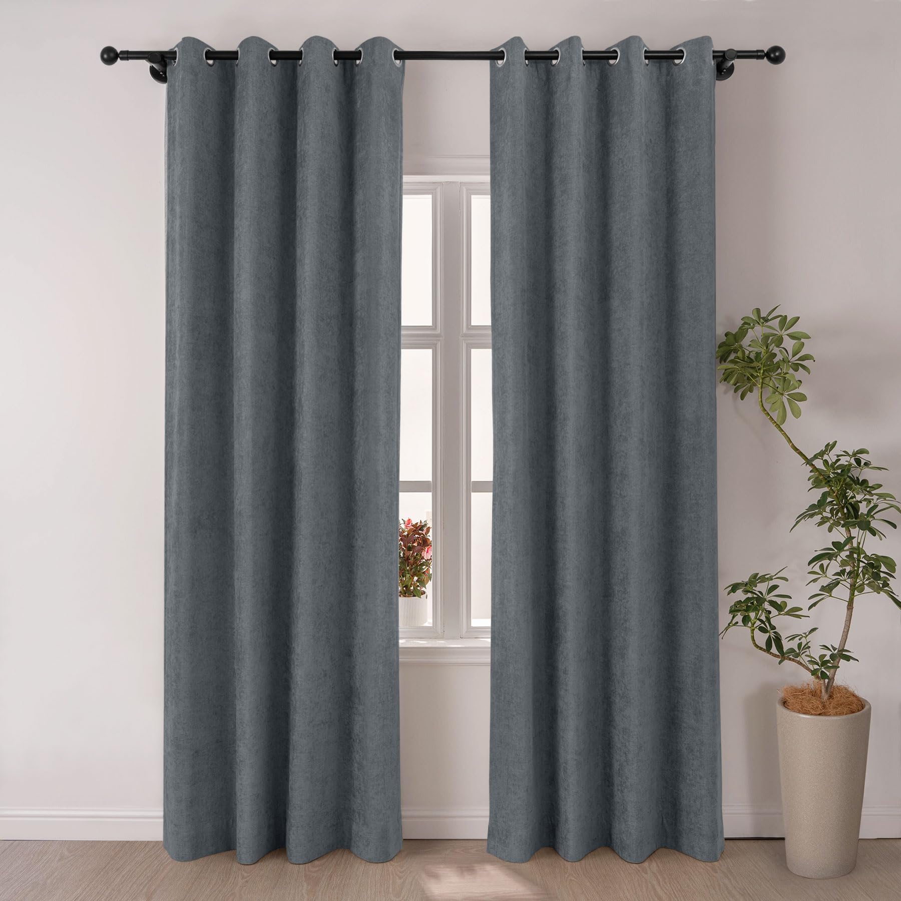 Macochico Full Blackout Chenille Curtains, 100% Light Blocking Window Treatments for Bedroom Living Room Nursery, Thermal Grommet Drapery with Tieback, 84”Wx96”L, Dark Grey, 1 Panel