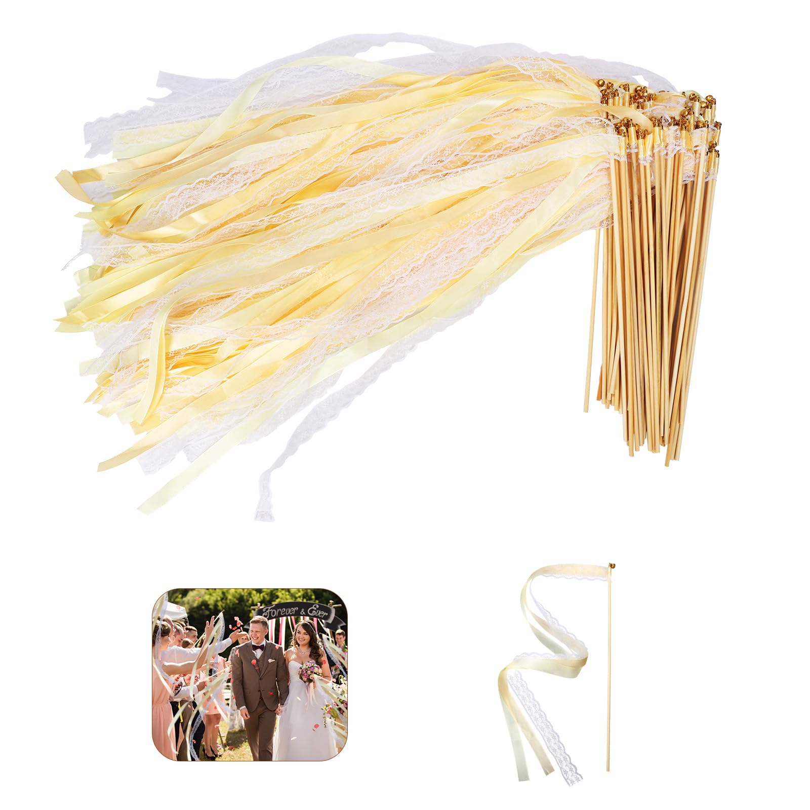 DKINY 50pcs Varitas de boda Champán Varitas de Cinta con Campanas Serpentinas de Cintas seda de Boda de Poliéster+Encaje Serpentinas de Palos de Cintas para Boda Wedding Wands varitas de hadas Fiesta