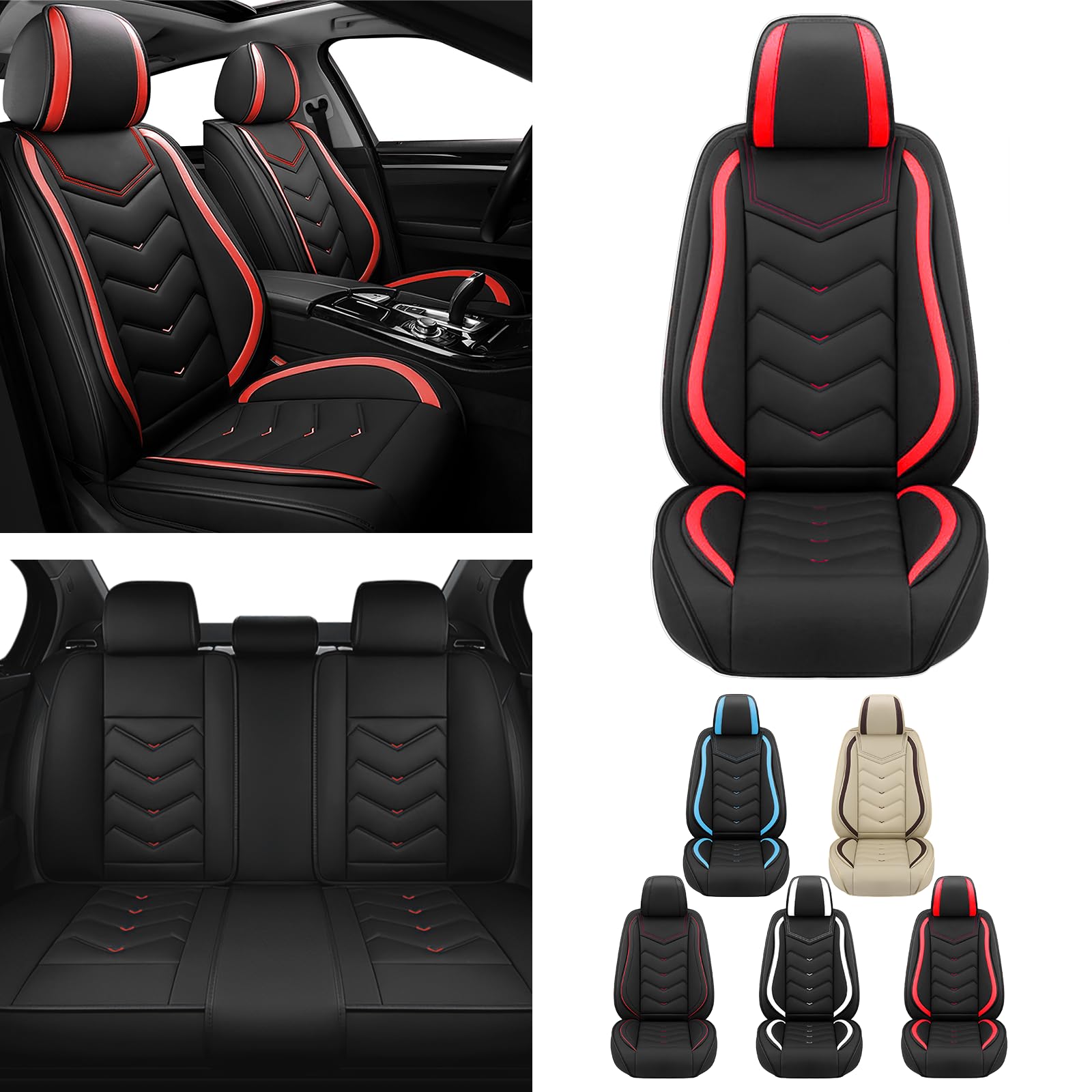 5 Car Seat Covers for Jeep Compass 2017-2024,Faux Leather Waterproof Durable Automotive Vehicle Cushion with Airbag,Anti-Slip Driver Seat Cover with Storage Pockets(Standard,Red)