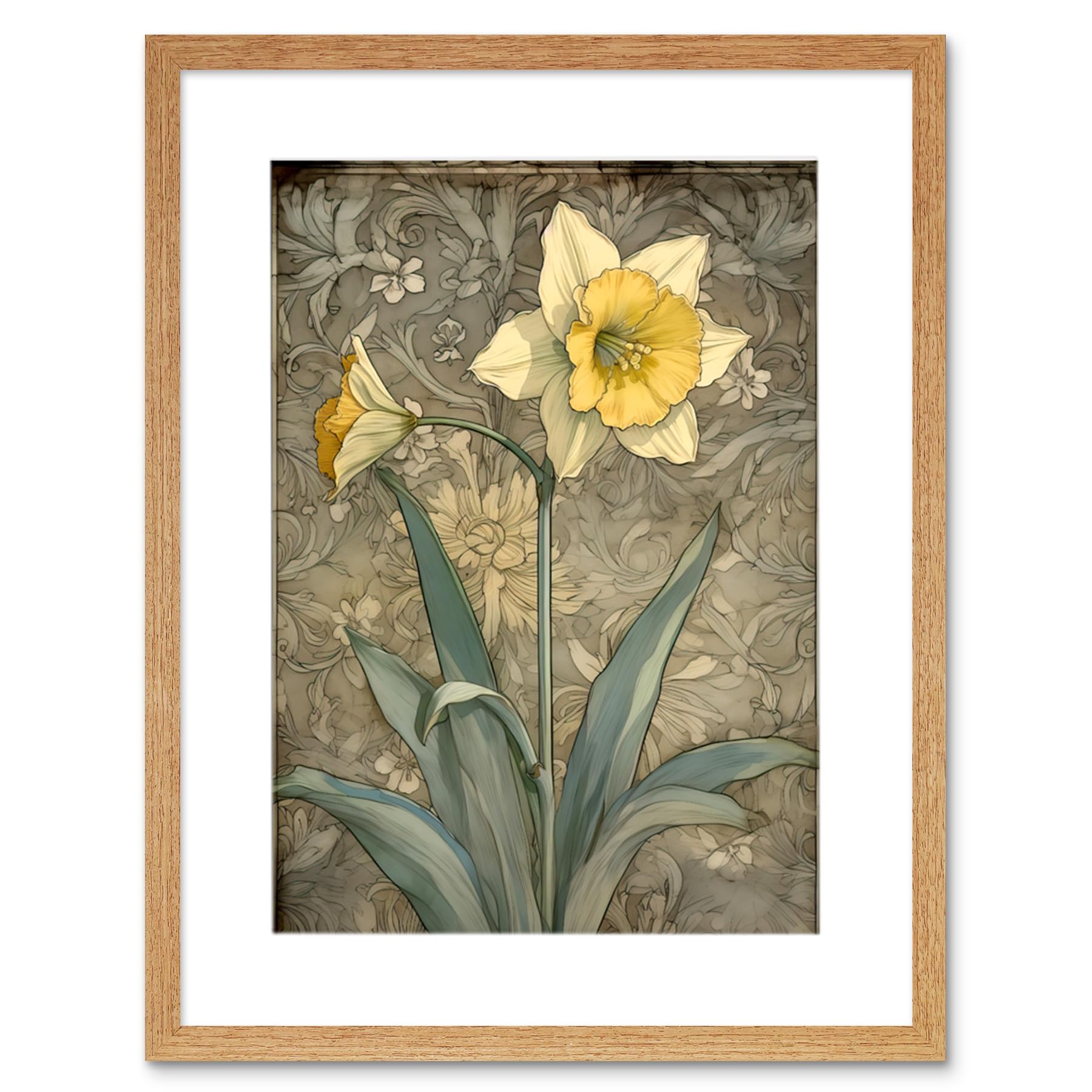 Artery8 Daffodil Flower Pastel Watercolour Art Nouveau Artwork Framed Wall Art Print 12X16 Inch