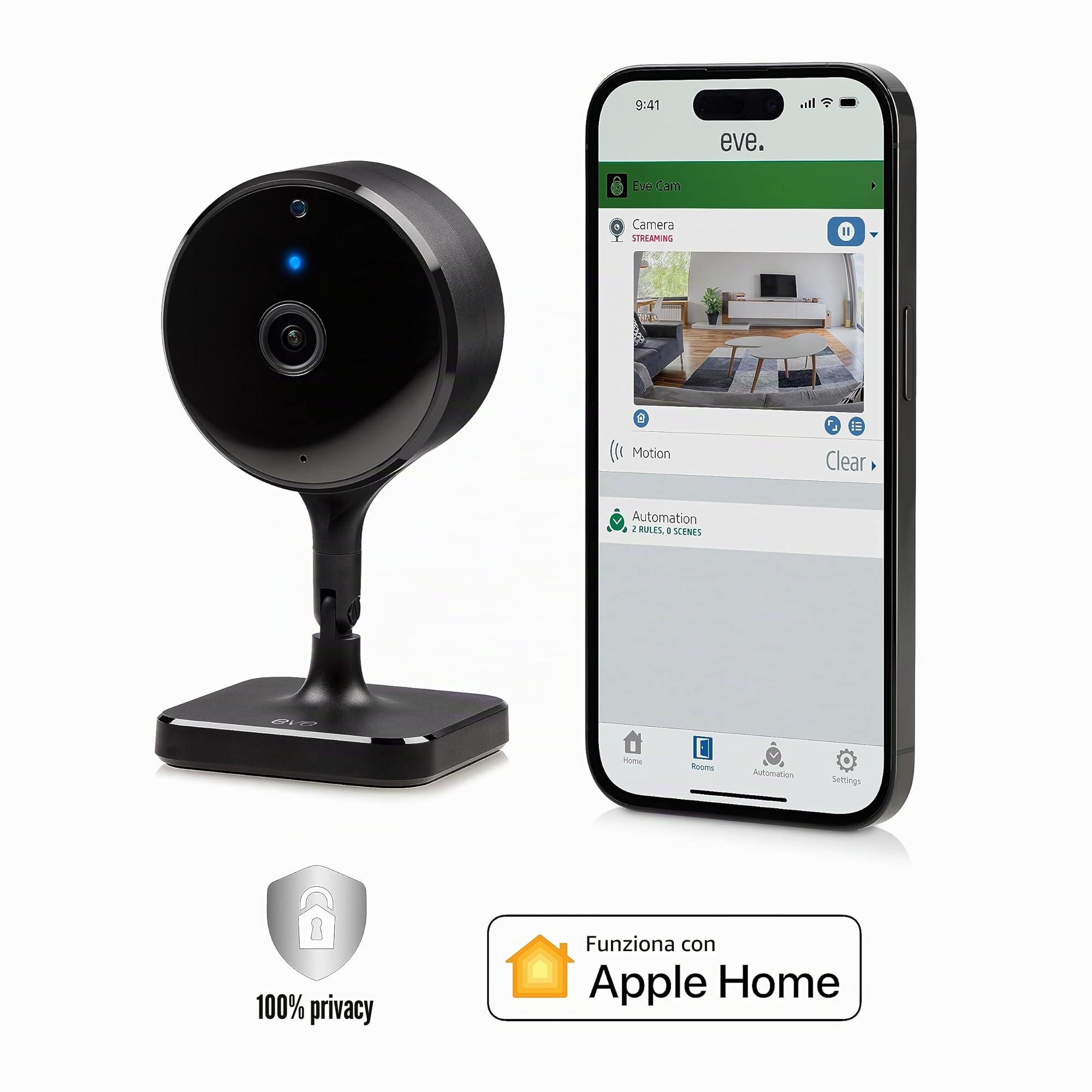 EVE Cam - Videocamera intelligente per interni, risoluzione di 1080p, privacy al 100%, Video sicuro di HomeKit, notifiche su iPhone, microfono e altoparlante, vista notturna, installazione flessibile