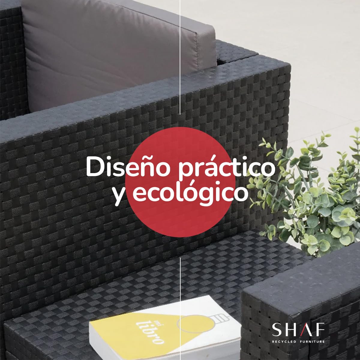 SP Berner SHAF - Conjunto Jardín Exterior y Terraza - Sofá de 2 plazas, 2 Sillones, Mesa Baja y Cojines Asiento - Plástico Reciclado - Set EVO Confort - Grafito