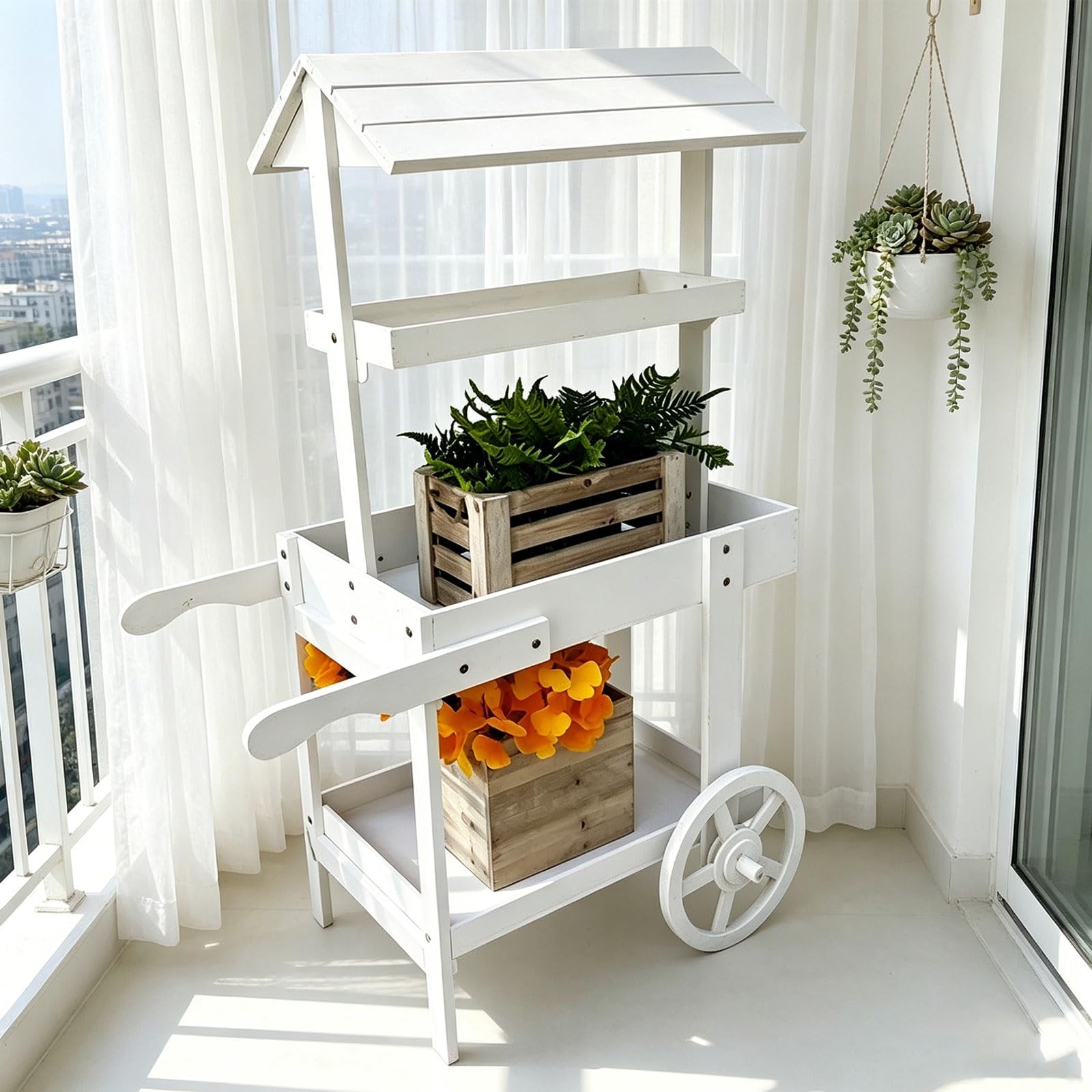Questo Carrello portafiori in Legno con Ruote, Carrello Scorrevole per Esposizione, Carrello Rustico per Caramelle, Fiori, Caramelle, bomboniere, Articoli Artigianali (Blu)