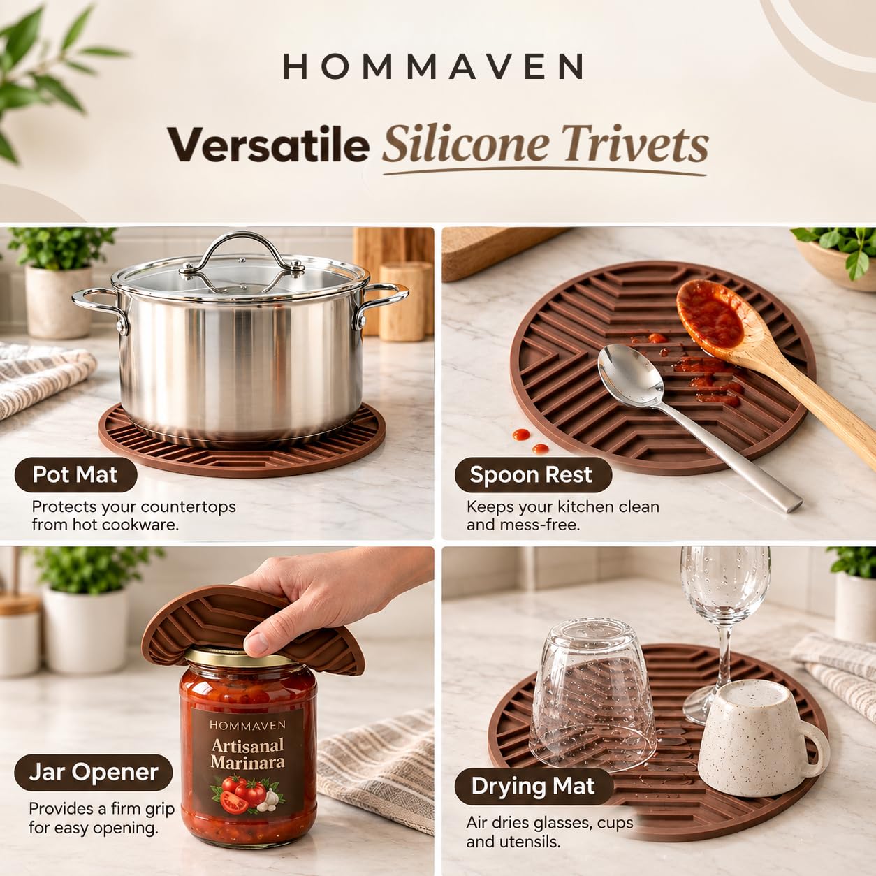 Silicone Trivet Mats, Set of 3, Heat and Slip Resistant, Multipurpose Non-Slip Hot Pads for Kitchen Potholders, Jar Opener, Spoon Holder, Food Grade BPA Free, 6.5mm Extra Thick, (Brown) thumbnail 5