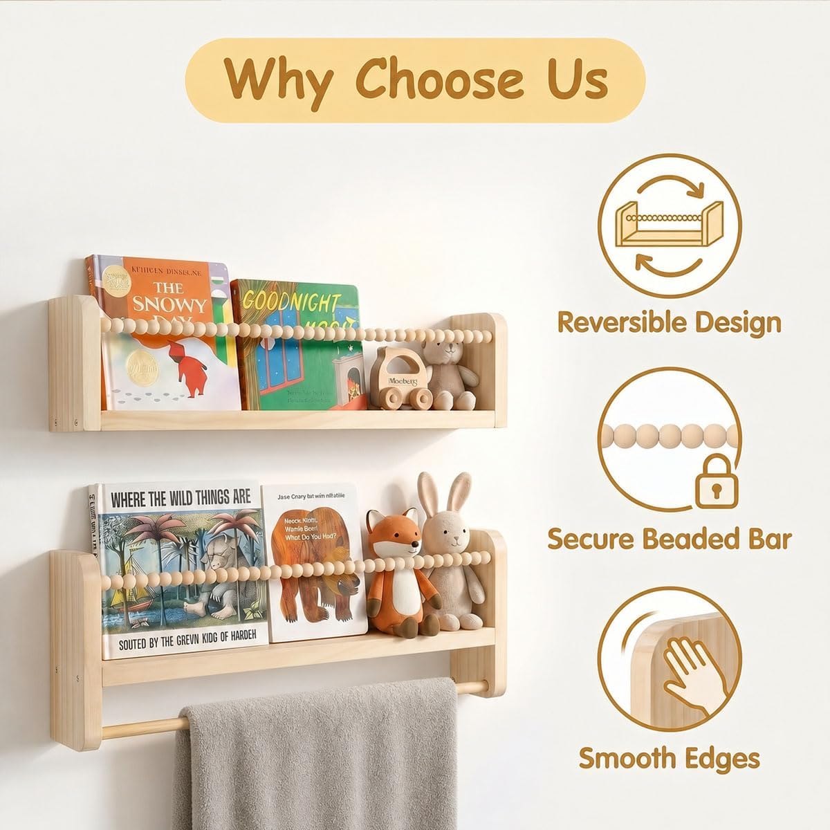 Set of 2 Floating Book Shelf for Wall, Natural Solid Wood Wall Mounted Shelves with Beaded Bar, Hanging Bookshelves for Bedroom, Living Room & Home Office Display (Hanging Rod Set)