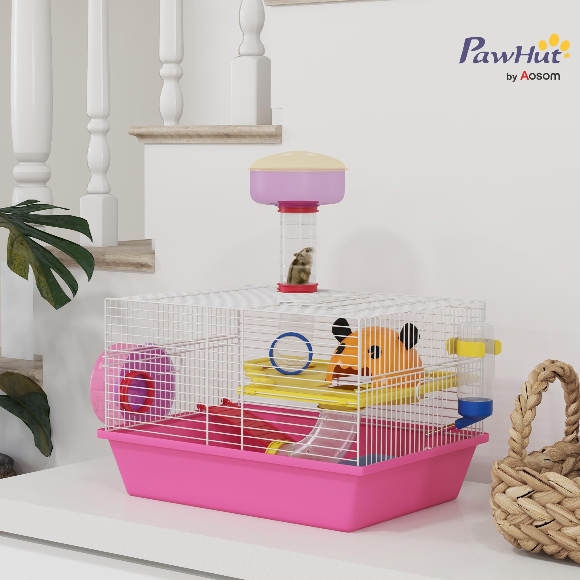PawHut Jaula para Hámster Casa para Animales Pequeños con Rueda de Ejercicio Casita Cuenco Bebedero Torre de Observación 34x27x25 cm Rosa