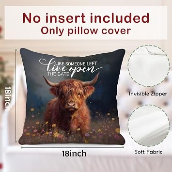 Wildflower Highland Cow Pillow Cover 18x18, Highland Cow Gifts for Women, Live Like Someone Left The Gate Open Decorative Throw Pillow Cover for Bedroom Living Room Home