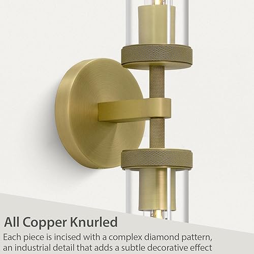 Miniatura 3 de Juego de 2 apliques de pared de latón moleteado, 21 pulgadas, 2 luces, apliques de pared dorados para baño, luces de tocador de vidrio, apliques de