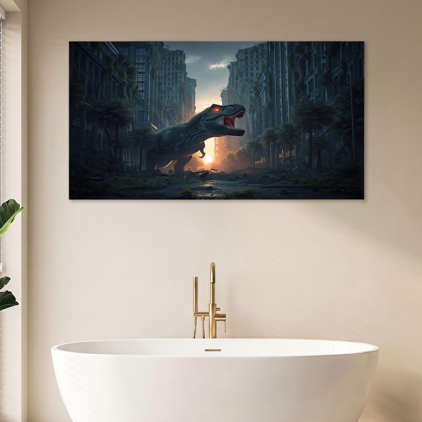 Leinwand Bilder 120 x 80 cm Wanddeko Wohnzimmer - 3D Fantasie Tiere Room Decor Deko Zimmer Wandbilder, Bild auf Leinwand Dinosaurier Film Stadt Hochhäuser, Schwarz