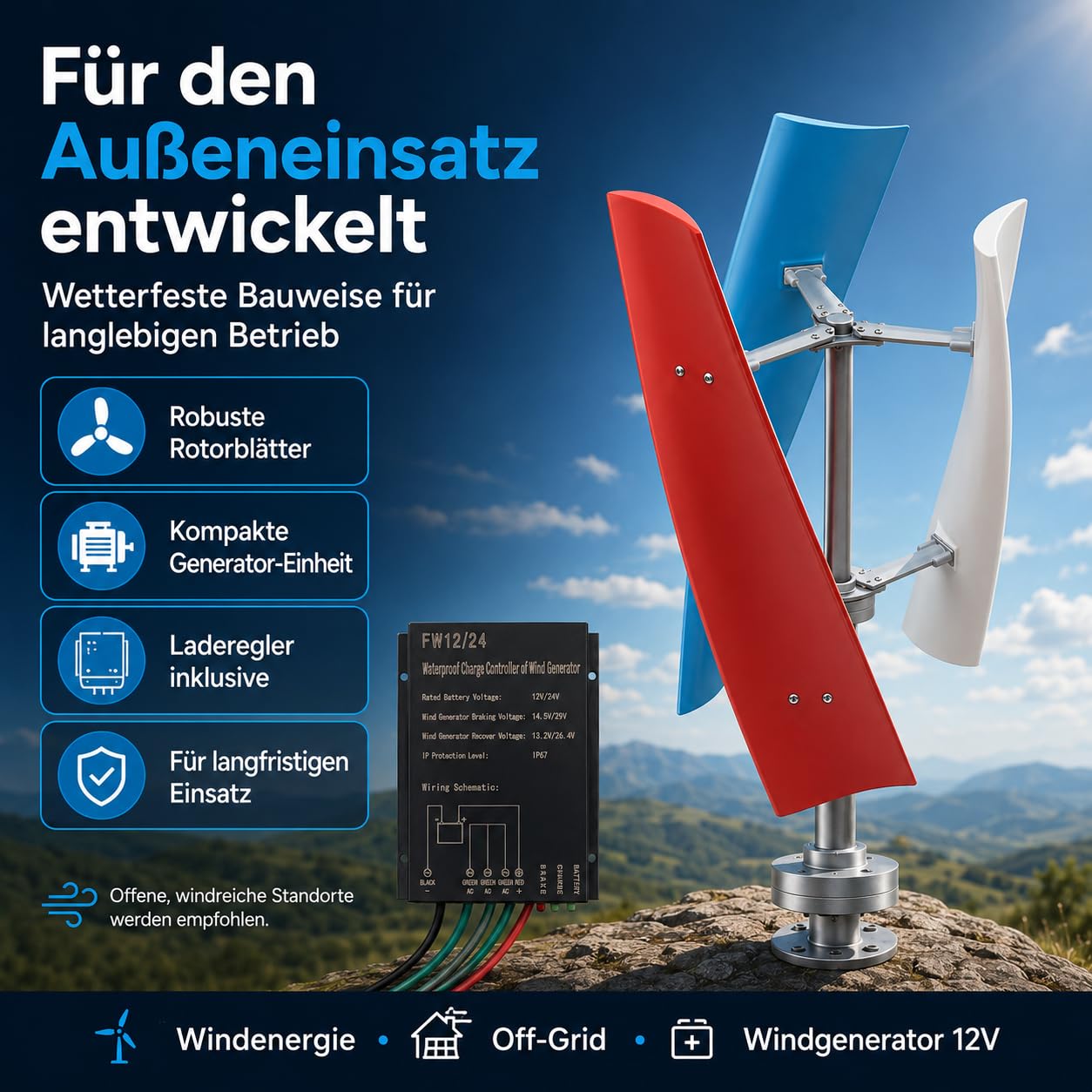 400W Vertikale Windkraftanlage Komplettset – 12V Windgenerator mit MPPT-Regler, extrem leise & Startwind ab 1,3 m/s für Garten, Boot, Wohnmobil