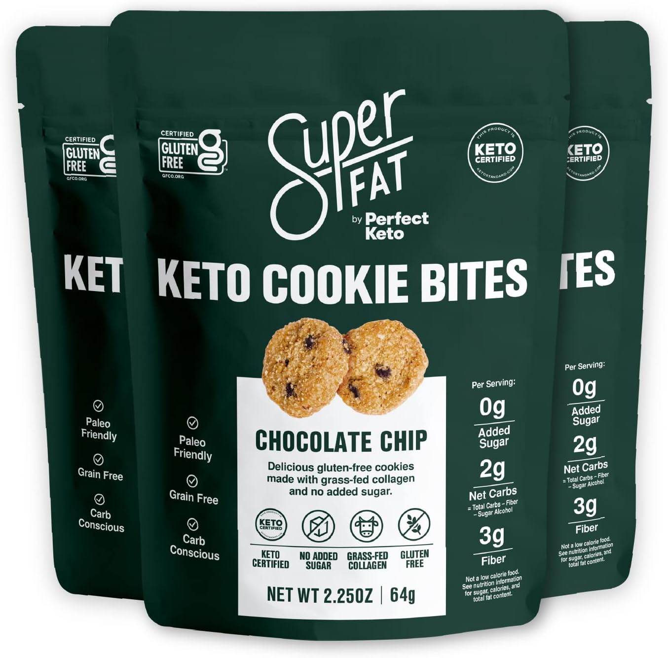 SuperFat Cookies Keto Snack Low Carb Food Cookies- Chocolate Chip 3 Pack - Gluten Free Dessert Sweets with No Sugar Added for Paleo Healthy Diabetic Diets