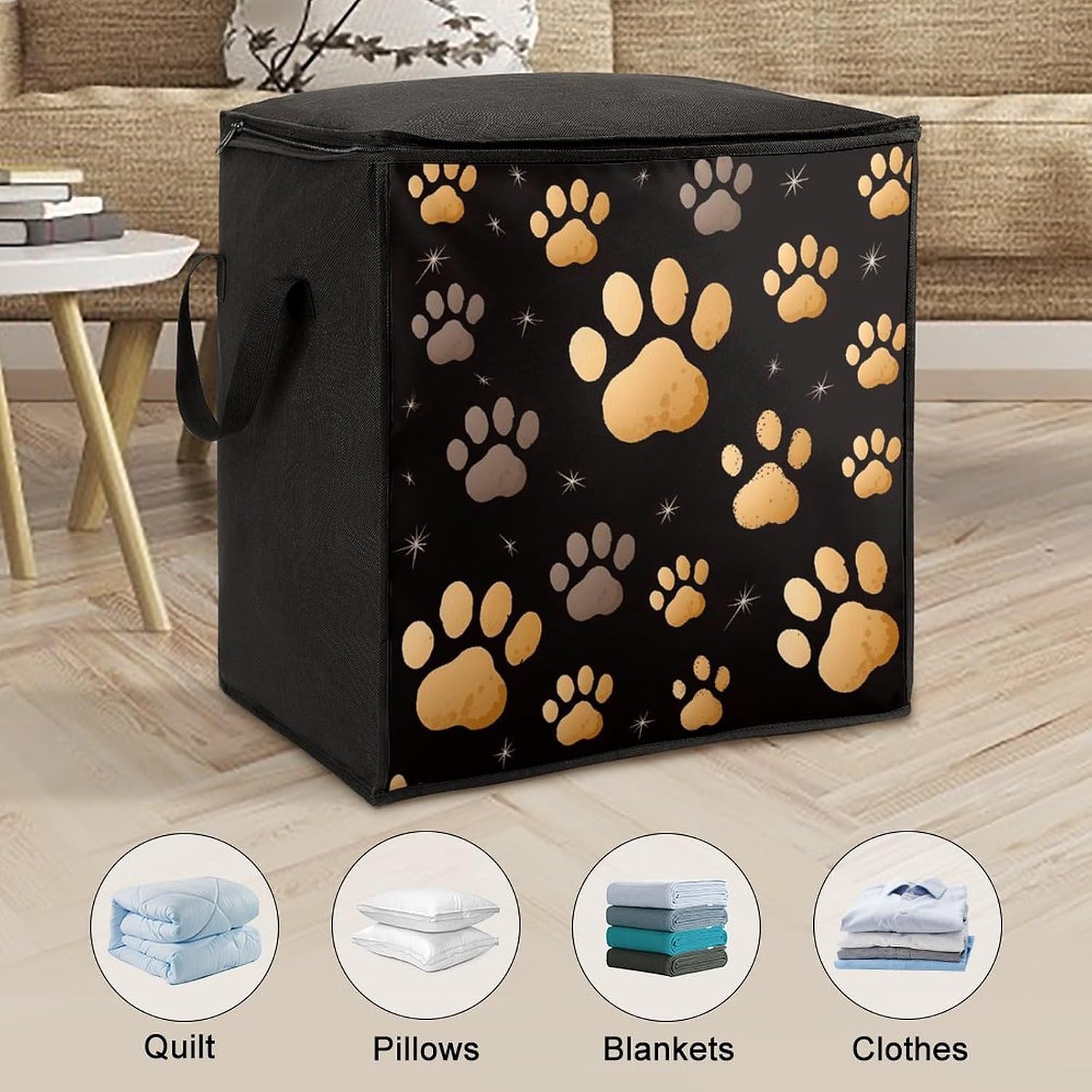 Dog Paw Print Storage Bag with Zippers And Handle Extra Large Bedding Comforter Storage Bag Foldable Blanket Storage Bags Fabric Moving Bags for Closet Organizer (70L)