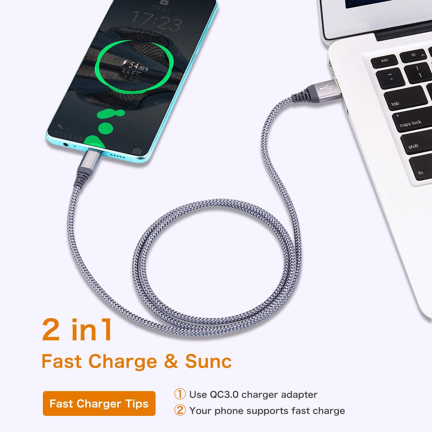 USB Type C Cable 10FT, 2Pack USB C Charger Cable Nylon Braided Fast Charging Sync Cord Compatible Samsung Galaxy Note 9 8 S10 S9 S8 Plus, LG V20 G5 G6, Google Pixel 2 XL,Nexus 5X/6P,OnePlus(Grey)