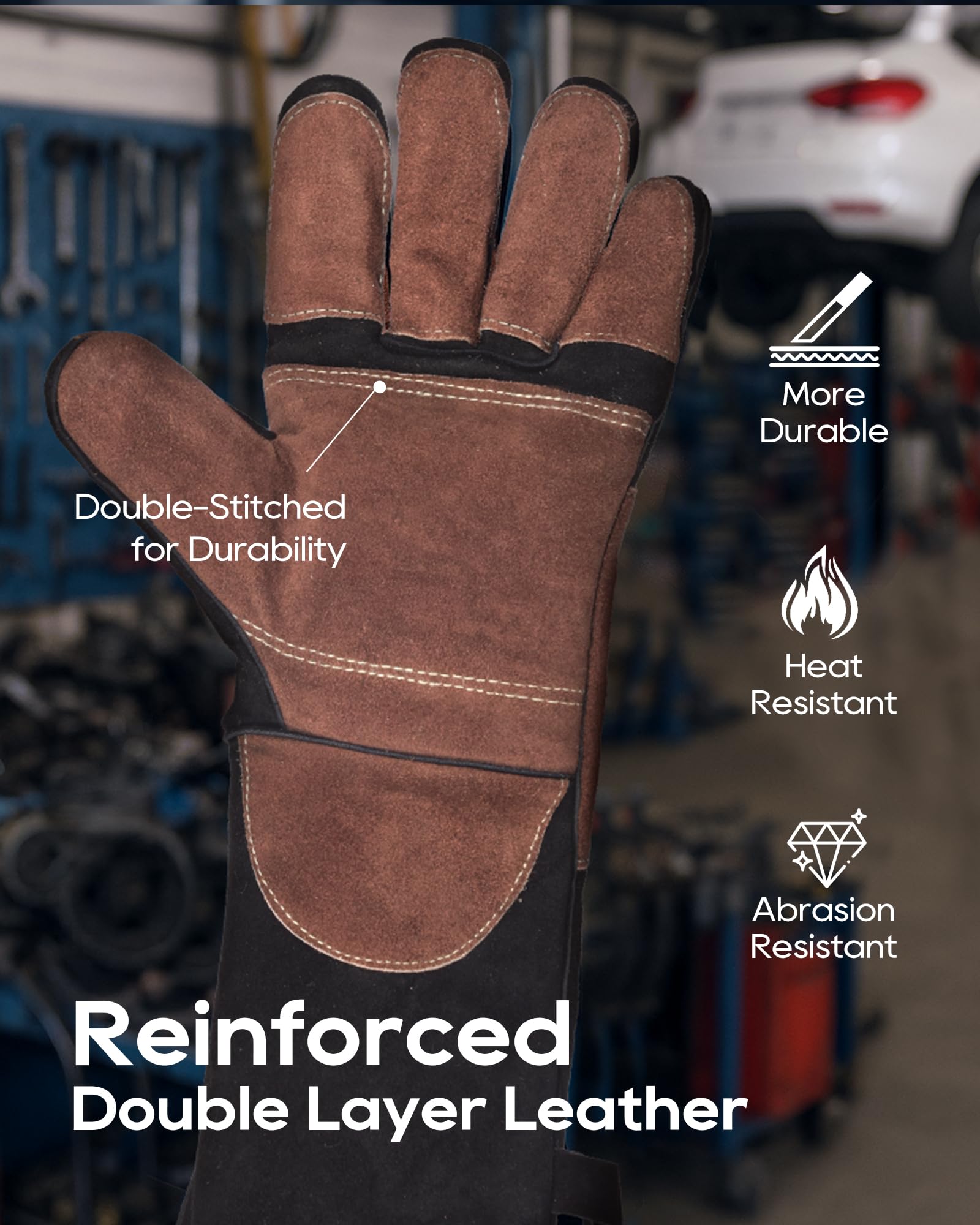 TOPDC Guantes de soldadura de cuero reforzado resistentes al calor y al fuego de 16 pulgadas, resistentes al fuego con costuras de Kevlar para Mig, Tig, Stick, Forge, barbacoa, parrilla, horno