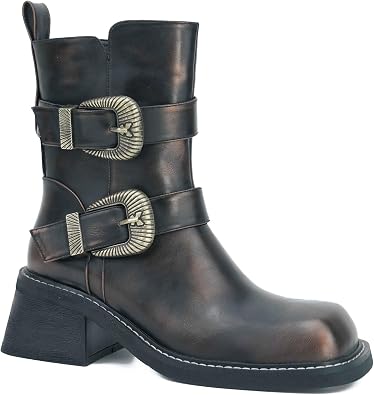 KISTANIA Ankle Boots Boots for Women Square Toe Chunky Heel Motorcycle Combat Boots with Buckle Belts