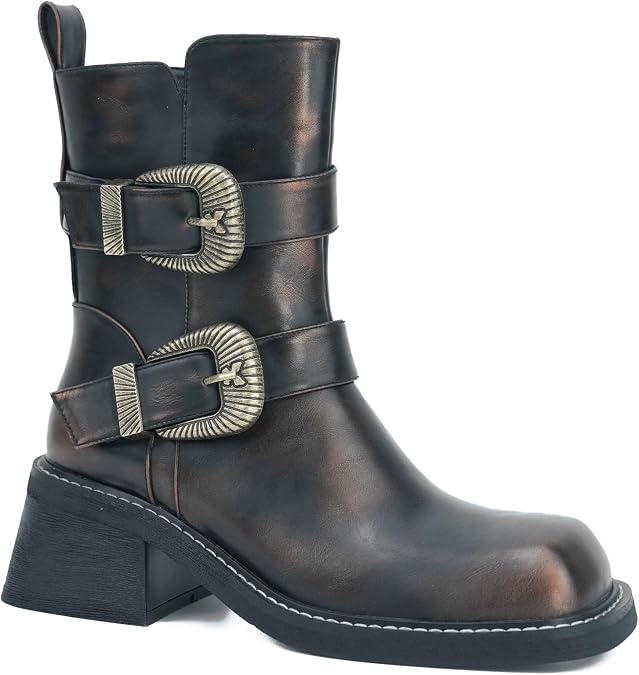 KISTANIA Ankle Boots Boots for Women Square Toe Chunky Heel Motorcycle Combat Boots with Buckle Belts