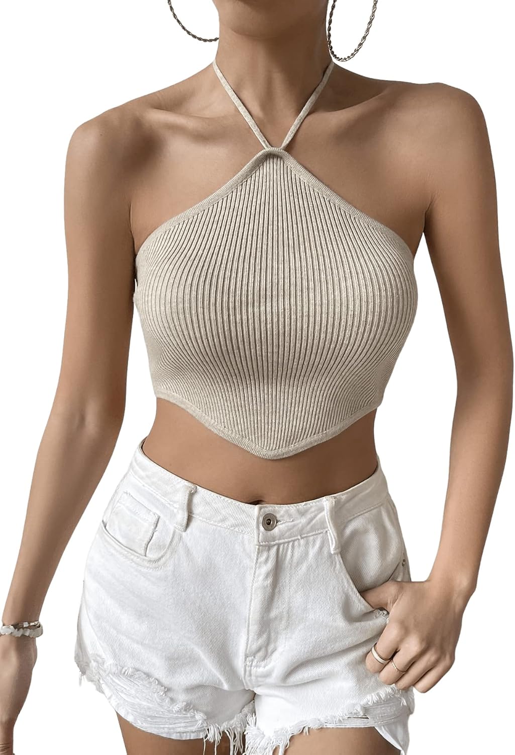 SweatyRocks Women's Sleeveless Tie Back Asymmetrical Hem Knitted Halter Cami Crop Top