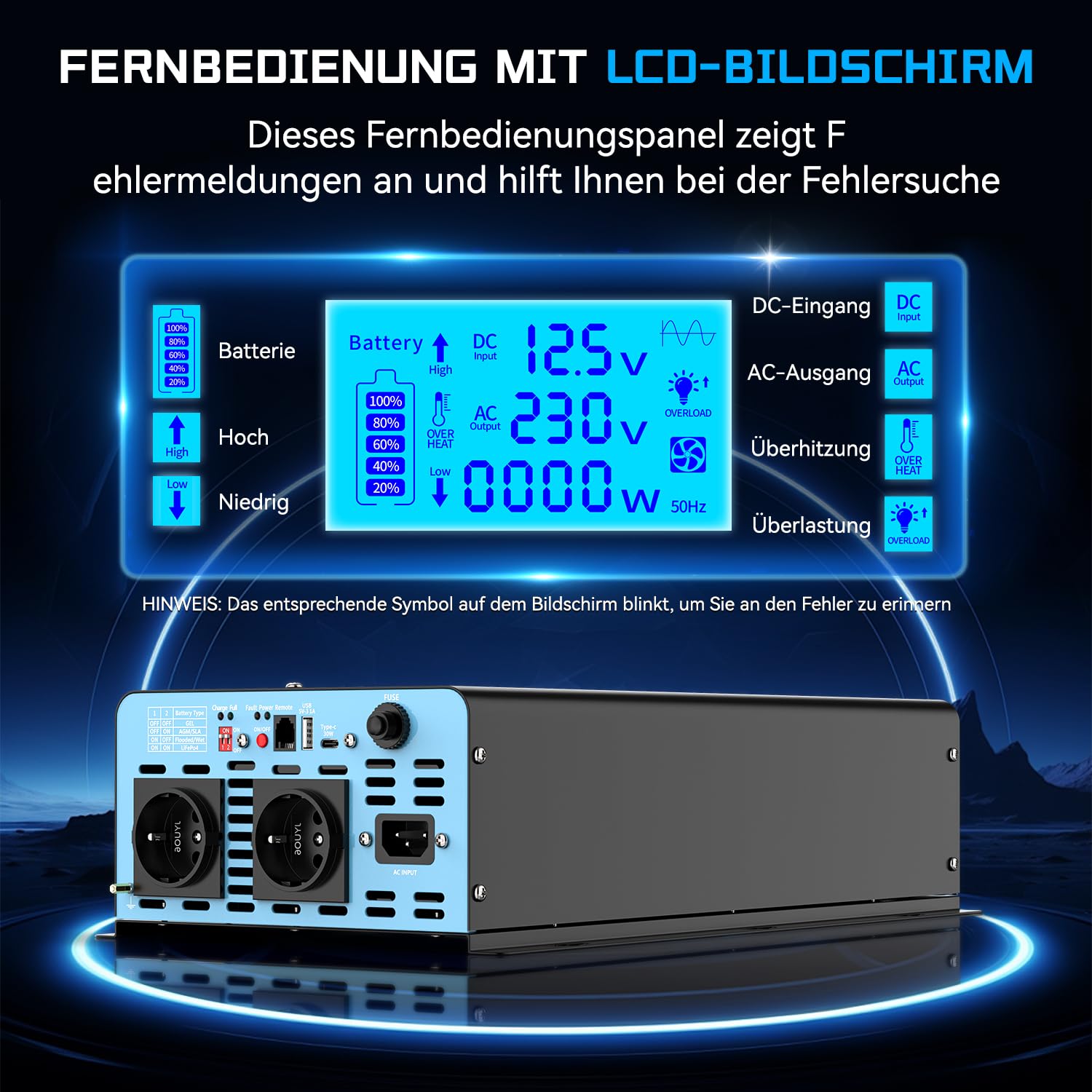 OLTEANP 2500W Wechselrichter12V auf 230V Reiner Sinus,Spannungswandler mit Netzvorrangschaltung und ladefunktion und USV Funktion,Fernbedienung mit LCD-Bildschirm, Automatische Umschaltung für Netz